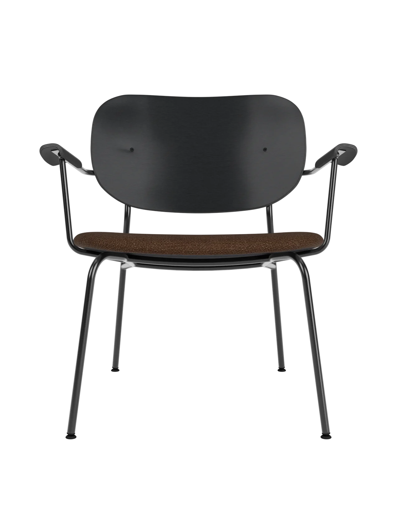 Co Lounge Chair in black oak with a brown bouclé upholstered seat and a minimalist black steel frame.