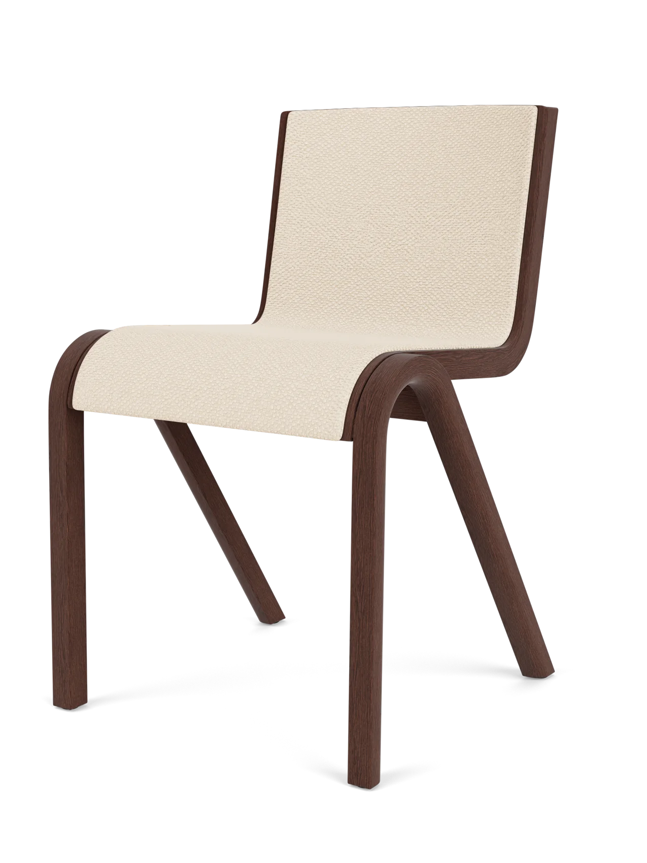A three-quarter view of the Ready Dining Chair, featuring a red stained oak frame and a seat upholstered in Logan Jasmine.