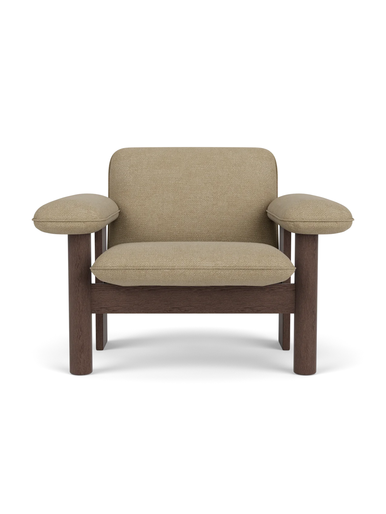Front view of the Brasilia Lounge Chair, Low Back, featuring a dark stained oak frame and light beige Audo Bouclé upholstery.