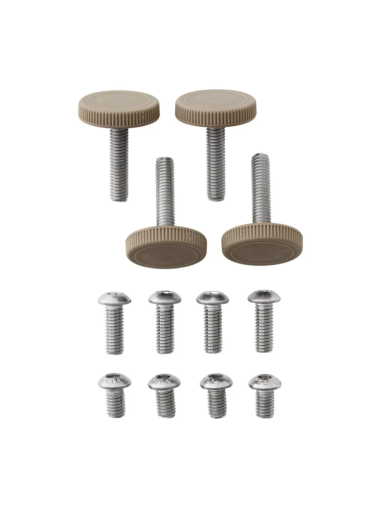 A set of four adjustable furniture glides with beige ribbed caps and eight silver-toned screws of two different sizes.