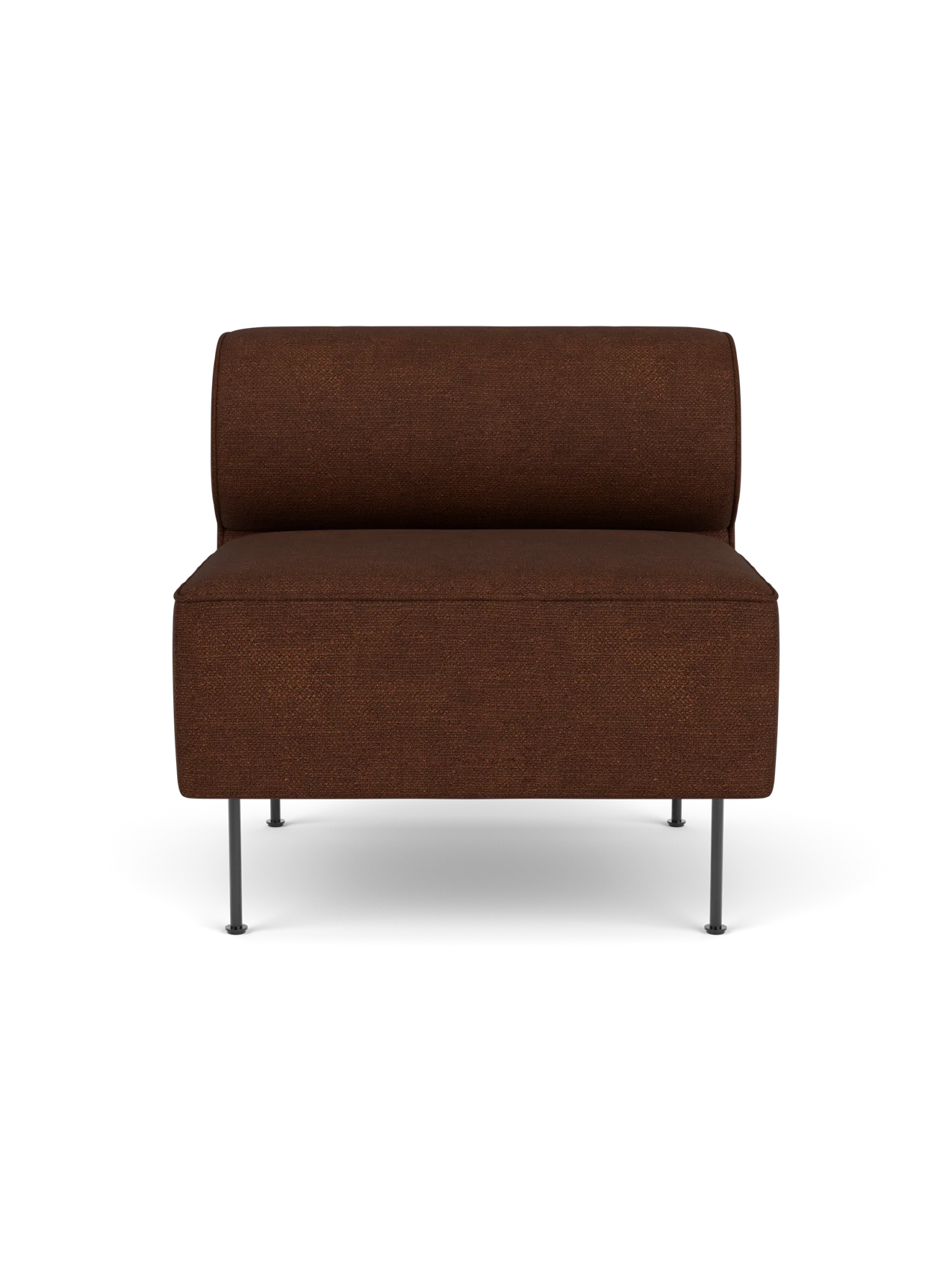 Front view of the Eave Dining Sofa open section module, upholstered in brown Audo Bouclé 08 fabric on slim black metal legs.