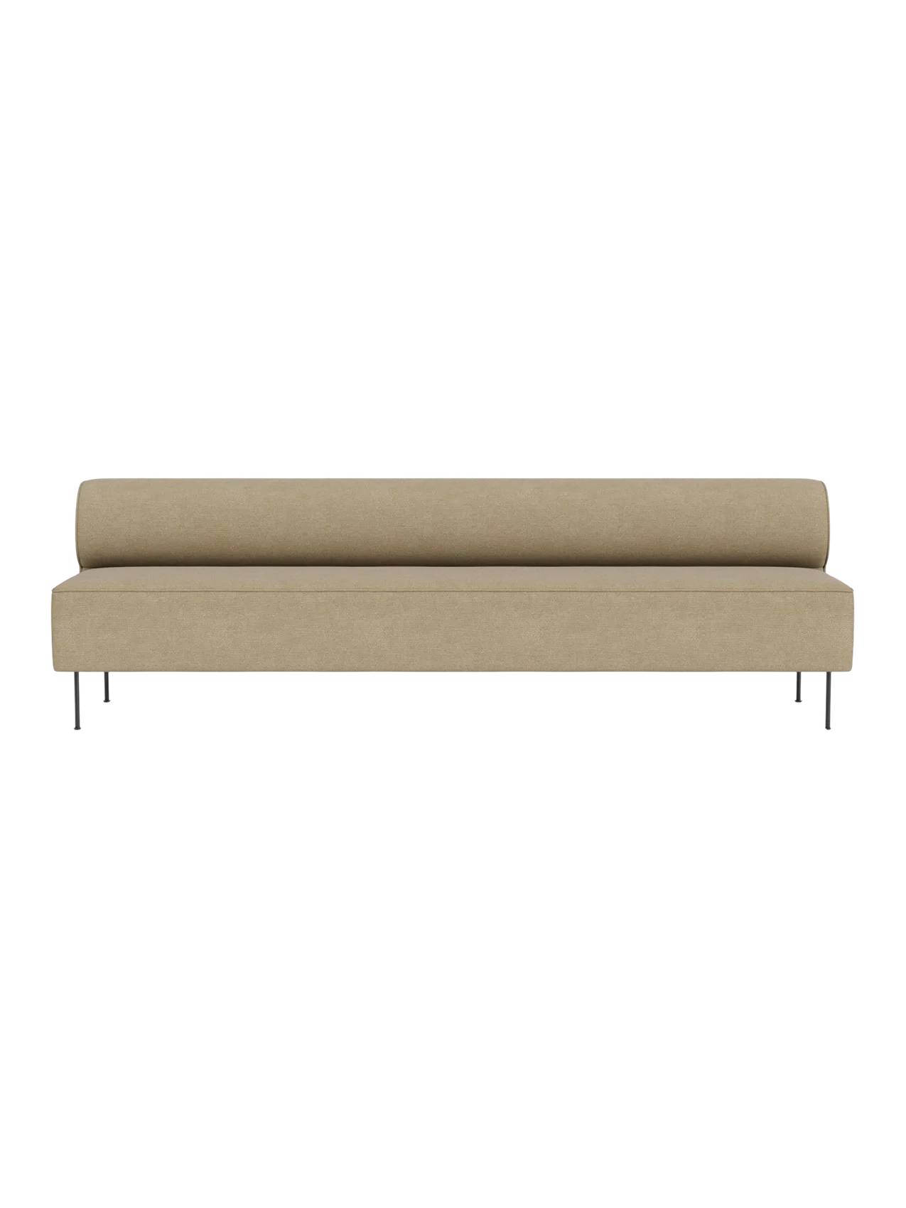 Front view of the Eave Dining Sofa in sandy beige. The minimalist design has a cylindrical backrest and thin black legs.