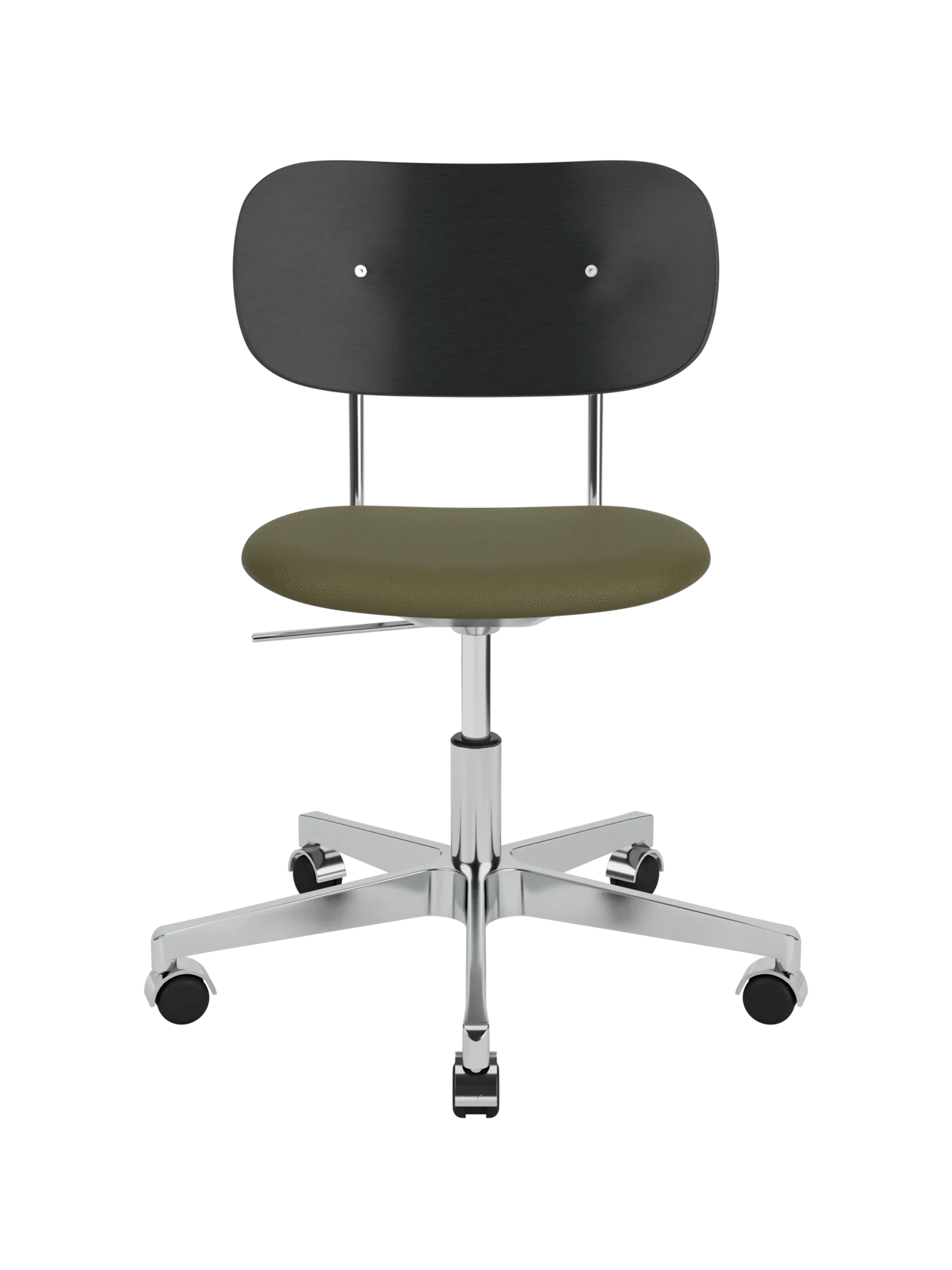 Co Task Chair featuring a black oak back, olive Sierra leather seat and polished aluminium swivel base with wheels.