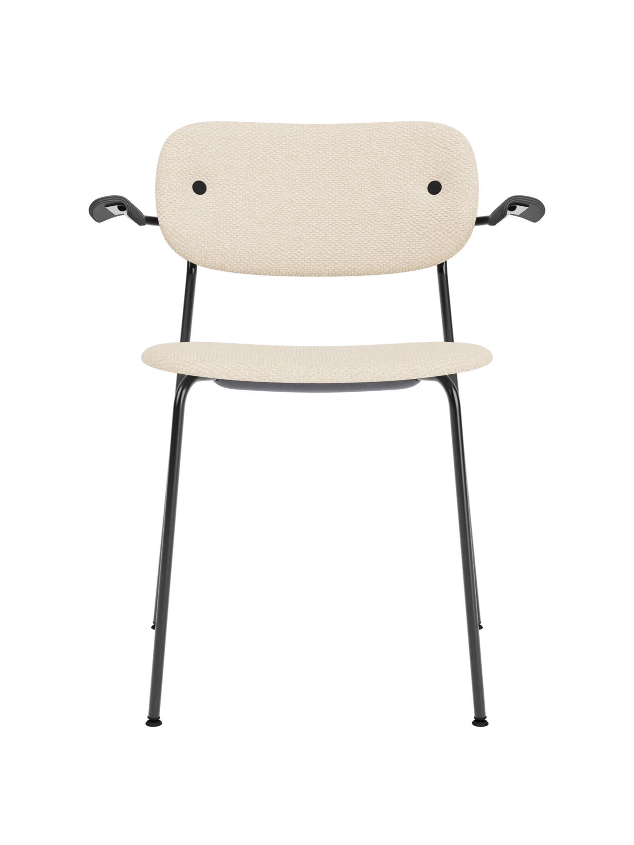 Co Dining Chair with armrests, fully upholstered in Logan Jasmine fabric with a black oak frame and steel legs.