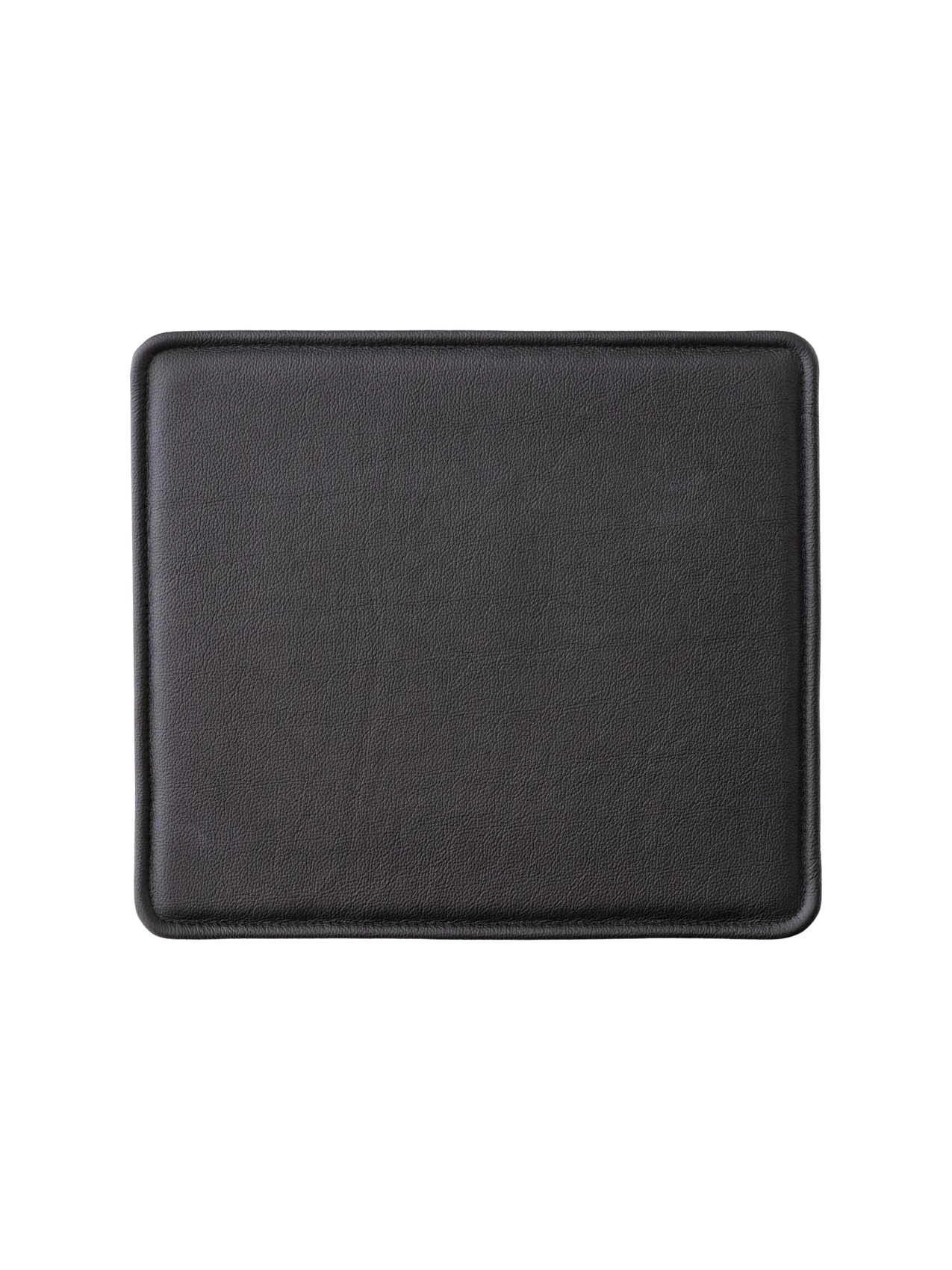 Black leather Mauro Dining Chair Seat Cushion with a square profile and rounded corners on a white background.