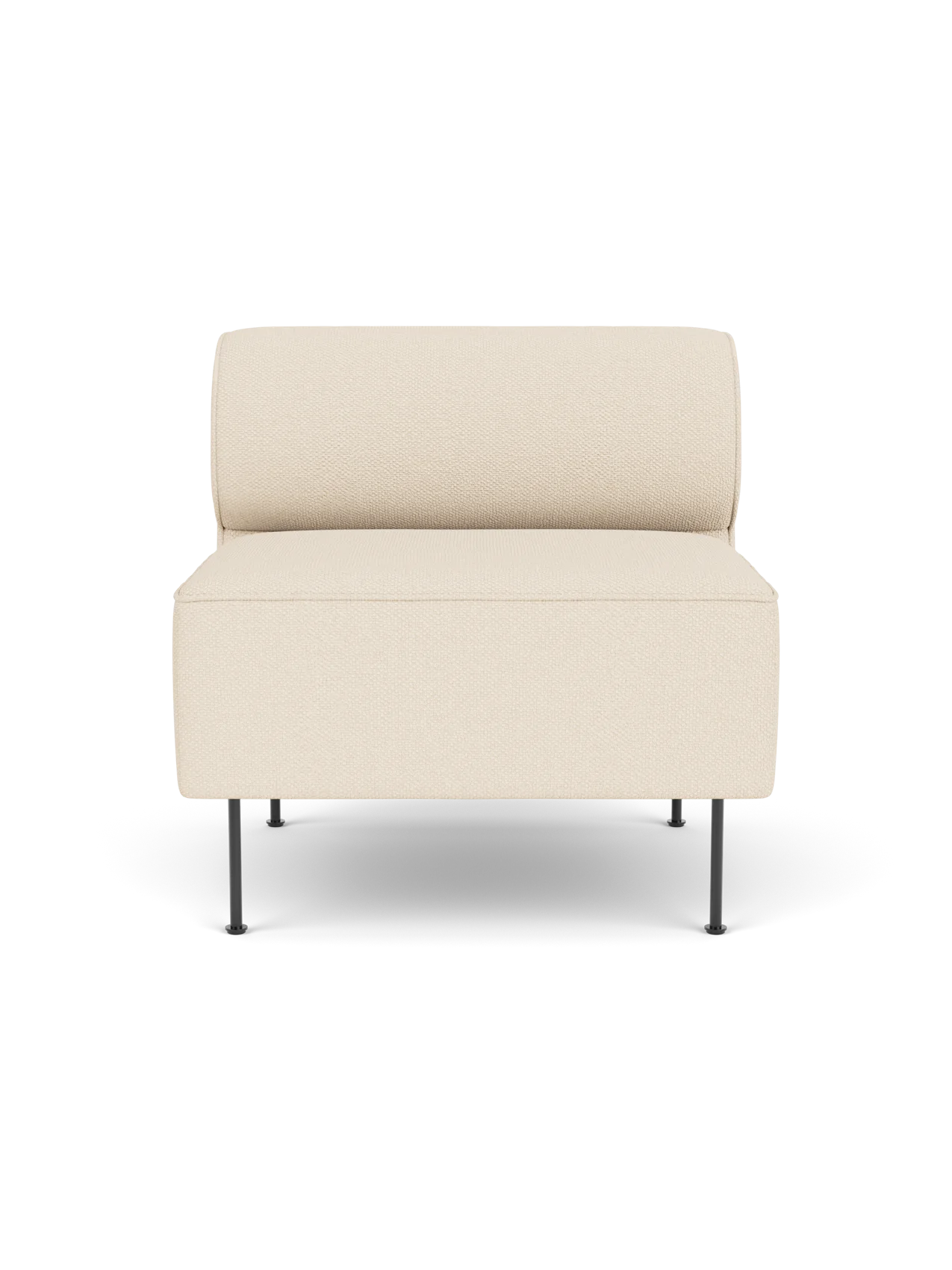 A front view of the Eave Dining Sofa open section module in cream Logan Jasmine fabric on slender black legs.