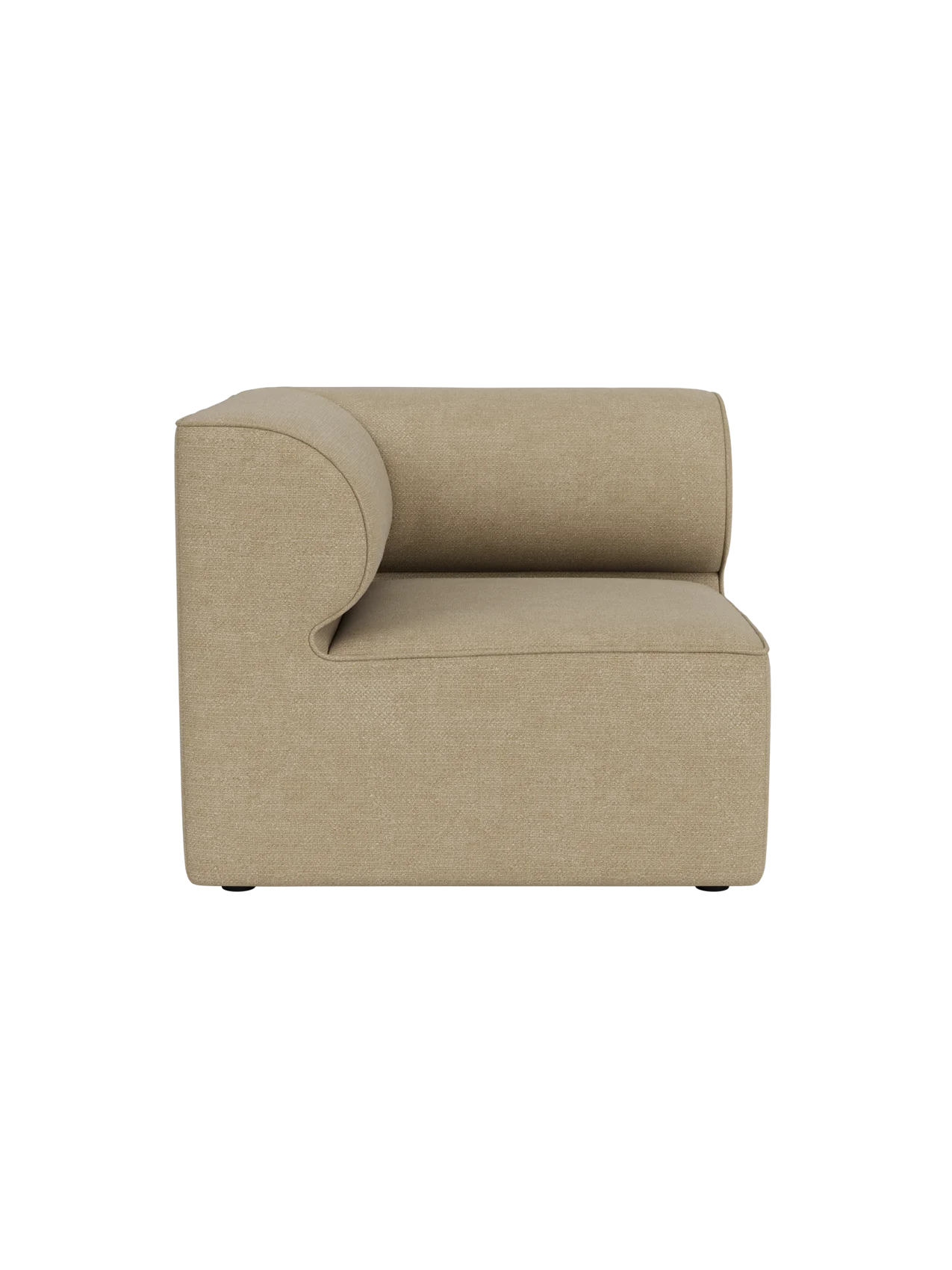 Side profile of the Eave Modular Sofa 86 Corner piece in light beige Audo Bouclé 02 fabric against a black background.