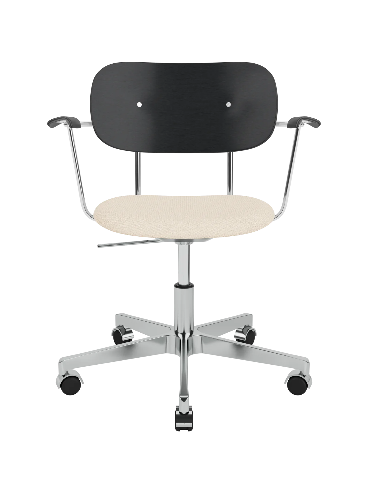 Co Task Chair with black painted oak back, Logan Jasmine upholstered seat and polished aluminium swivel base with castors.