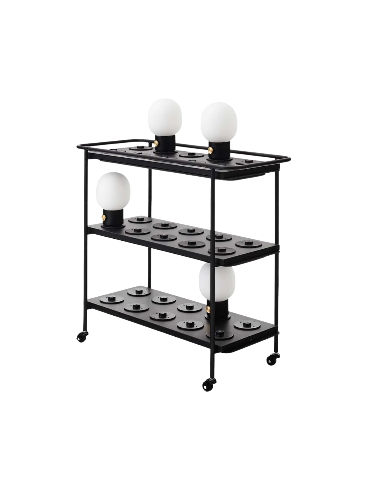 A black, three-tiered Charging Trolley on wheels, with several portable lamps with white globes charging on it.