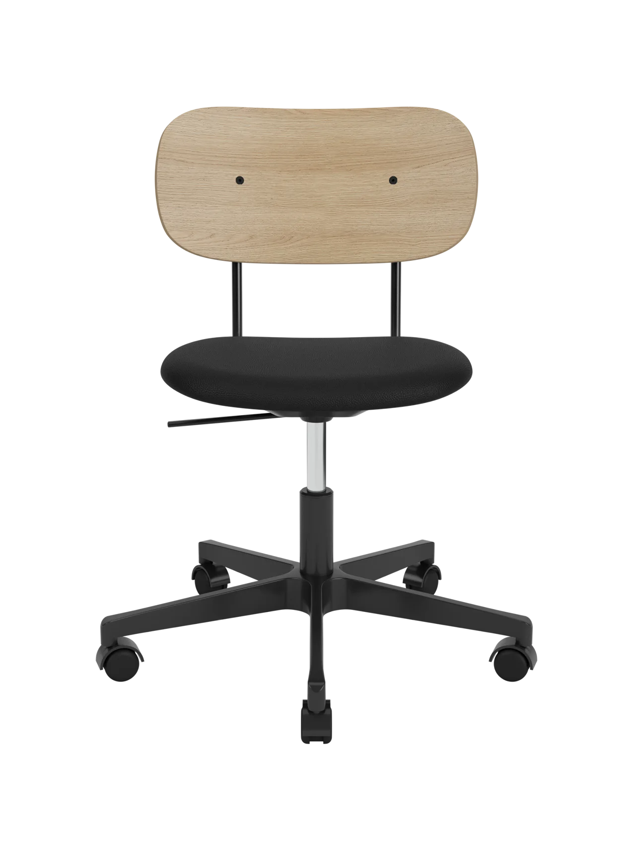 Co Task Chair featuring a natural oak backrest, black Sierra leather seat and a black five-star base with castors.