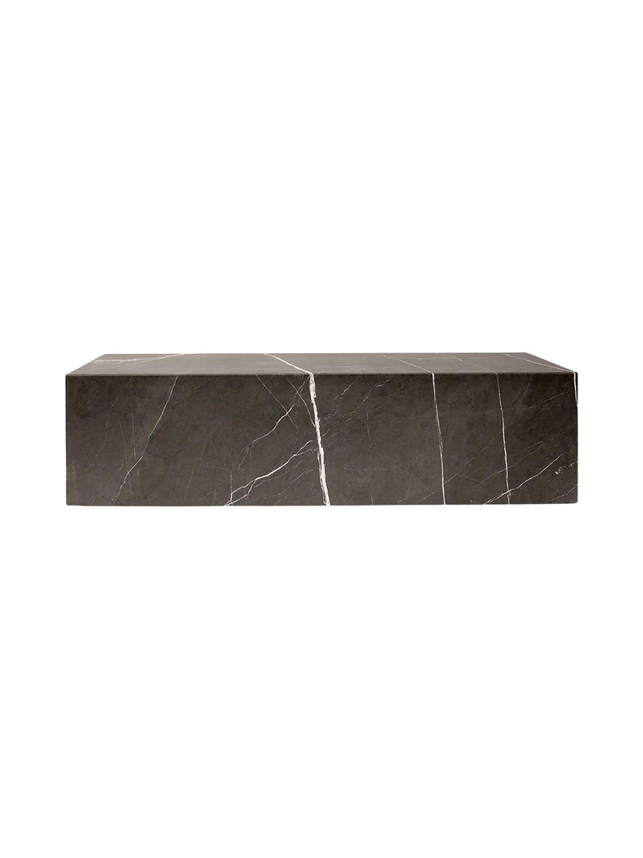 A rectangular Plinth Low table made from brown-grey marble with striking white veins, isolated on a black background.