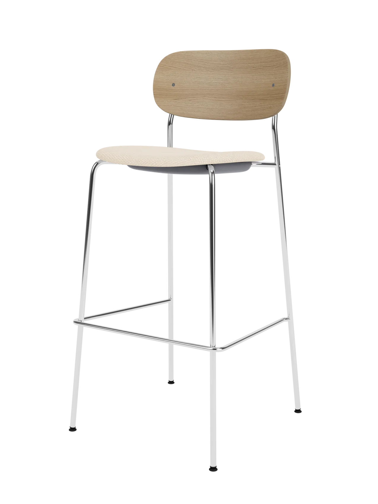 Co Bar Chair with a polished chrome frame, natural oak wood backrest and light Logan Jasmine upholstered seat.