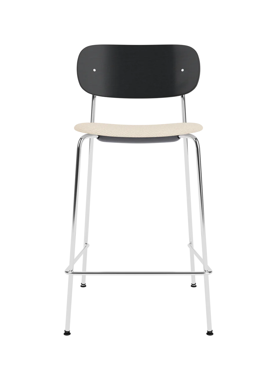 Co Counter Chair in black painted oak with a chrome frame and Logan Jasmine upholstered seat.