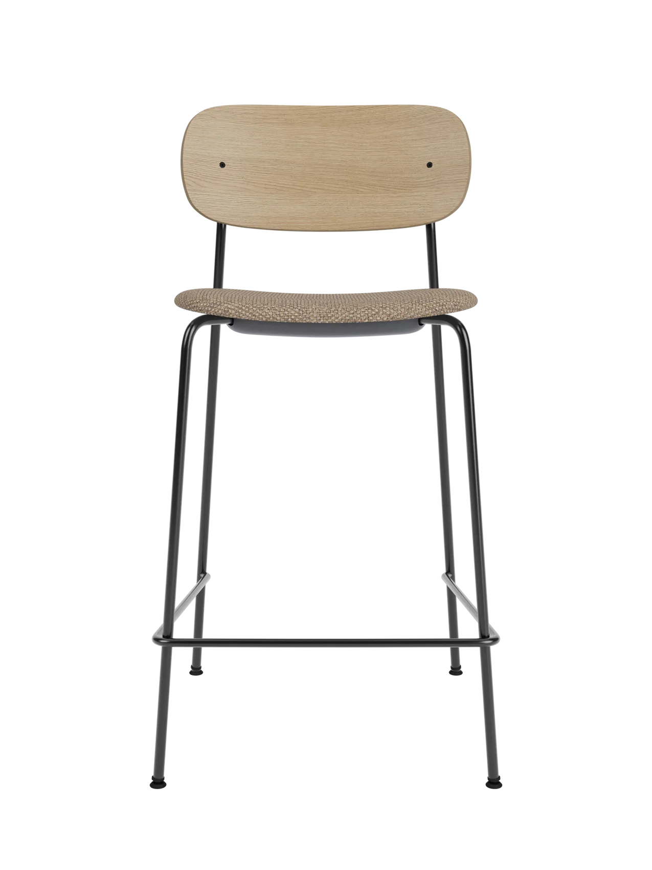 Co Counter Chair with a natural oak back and Logan Flint upholstered seat on a slim black powder-coated steel frame.