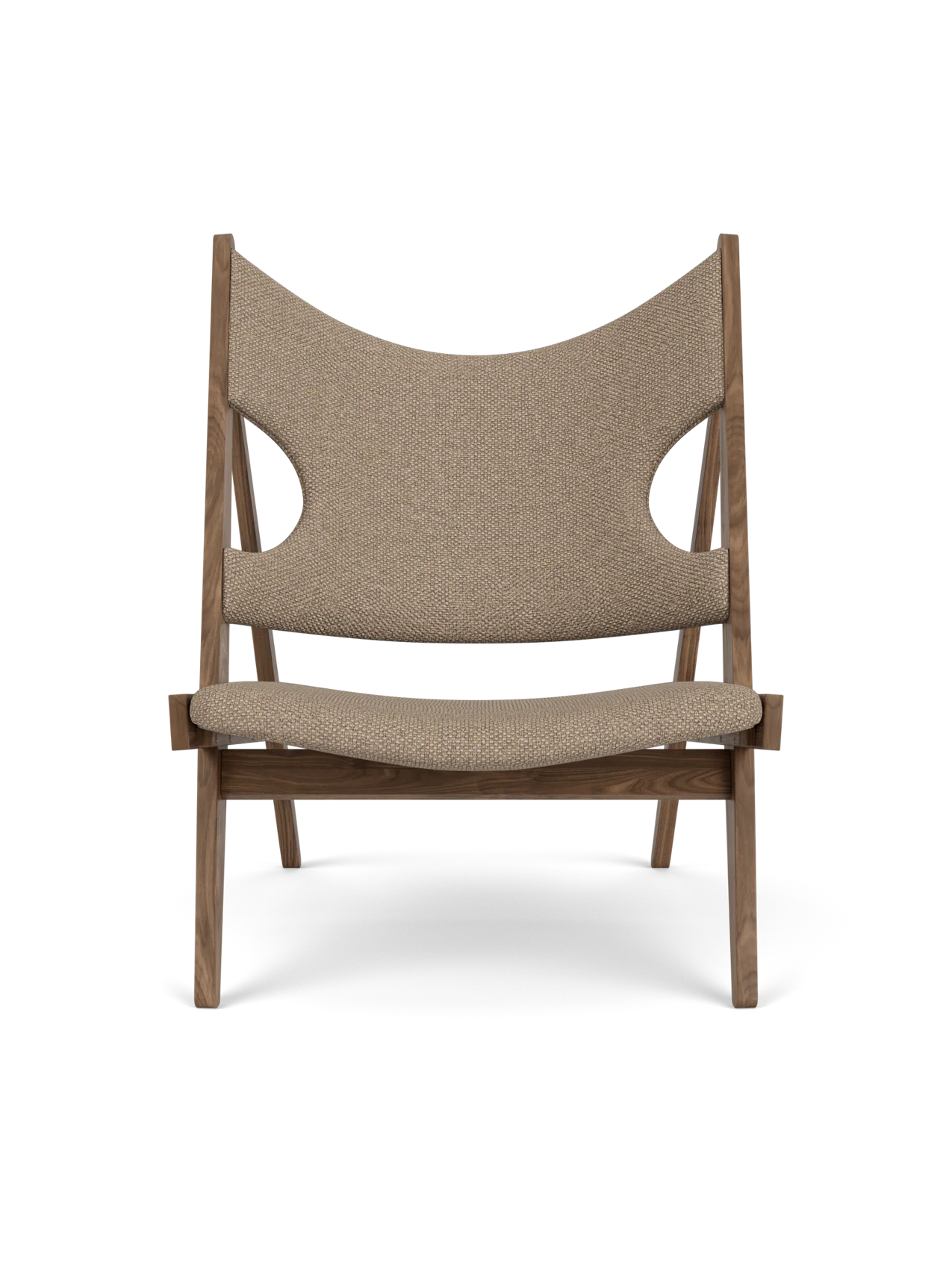 Front view of the Knitting Lounge Chair in walnut with light brown Logan Flint upholstery and its distinctive side cut-outs.