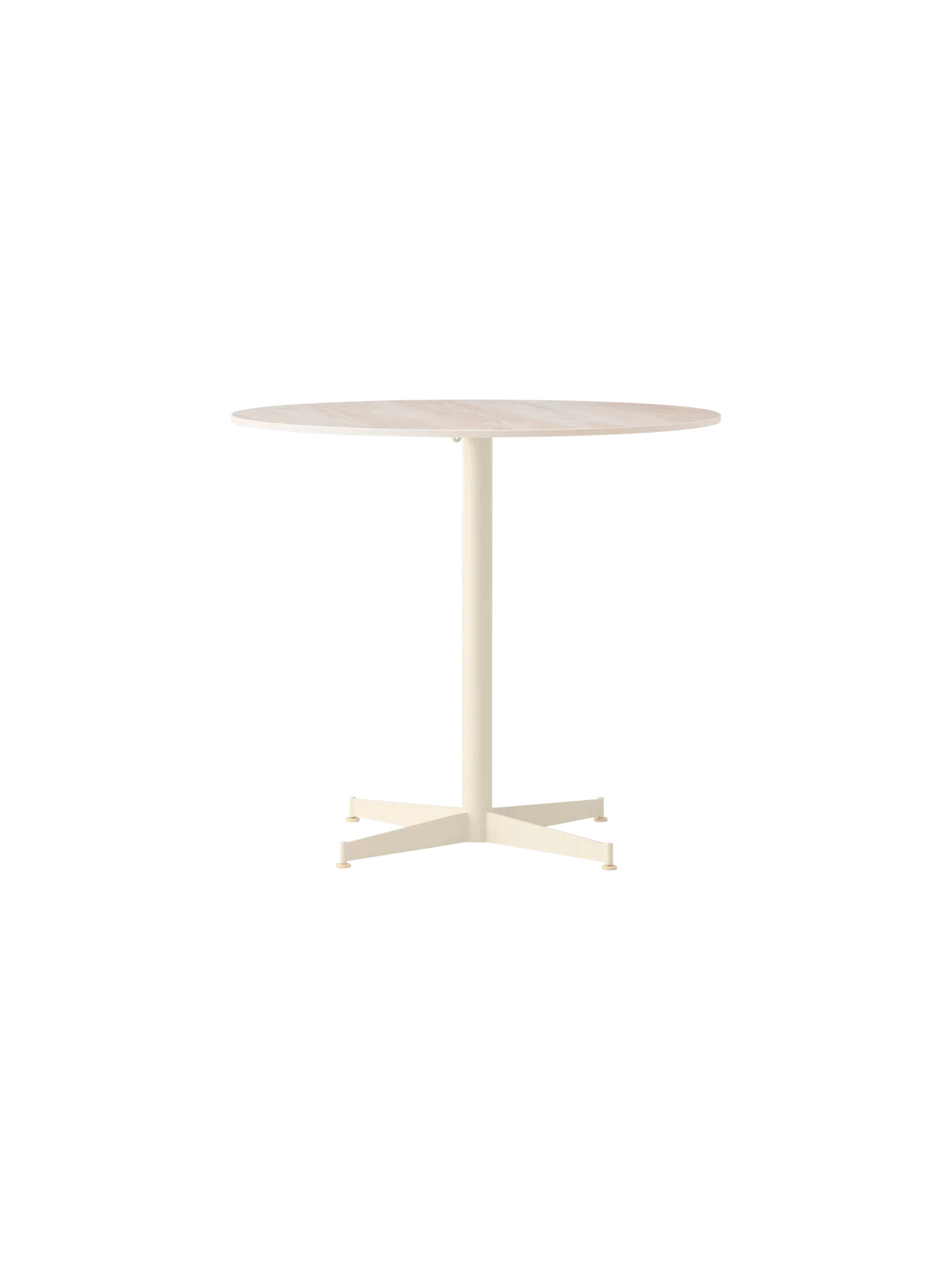 Front view of the Nook Dining Table with a round, light stone tabletop, a slim ivory central stem and four-star base.