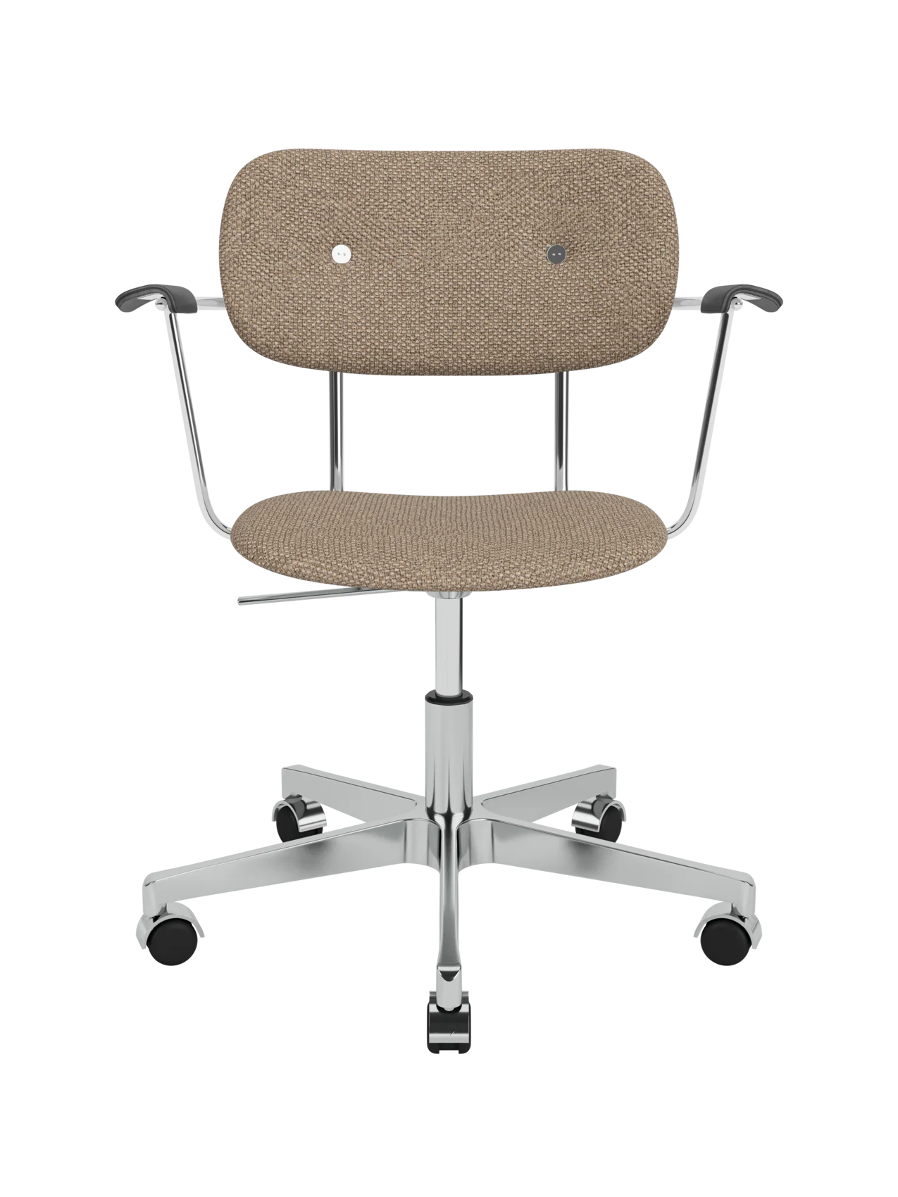 Logan Flint upholstered Co Task Chair featuring black oak armrests and a five-star chrome swivel base.
