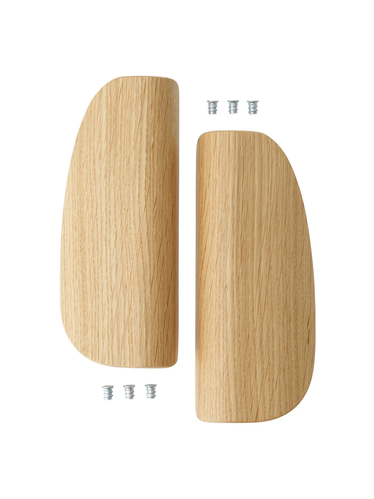 Pair of light oak wooden armrest/leg caps with rounded, tapered shapes and three small metal insert screws shown on white