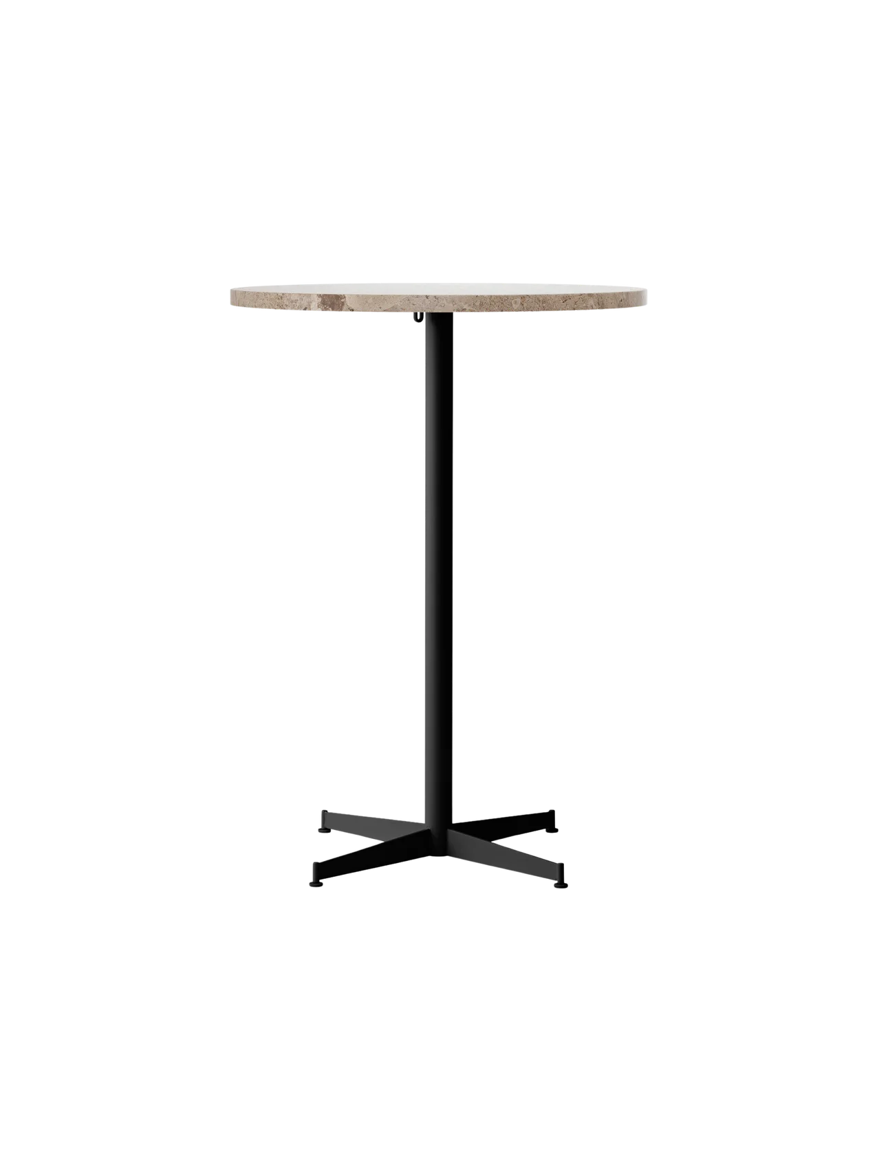 Front view of the Nook Bar Table with a round Kunis Breccia stone top and a slim black powder-coated steel pedestal base.