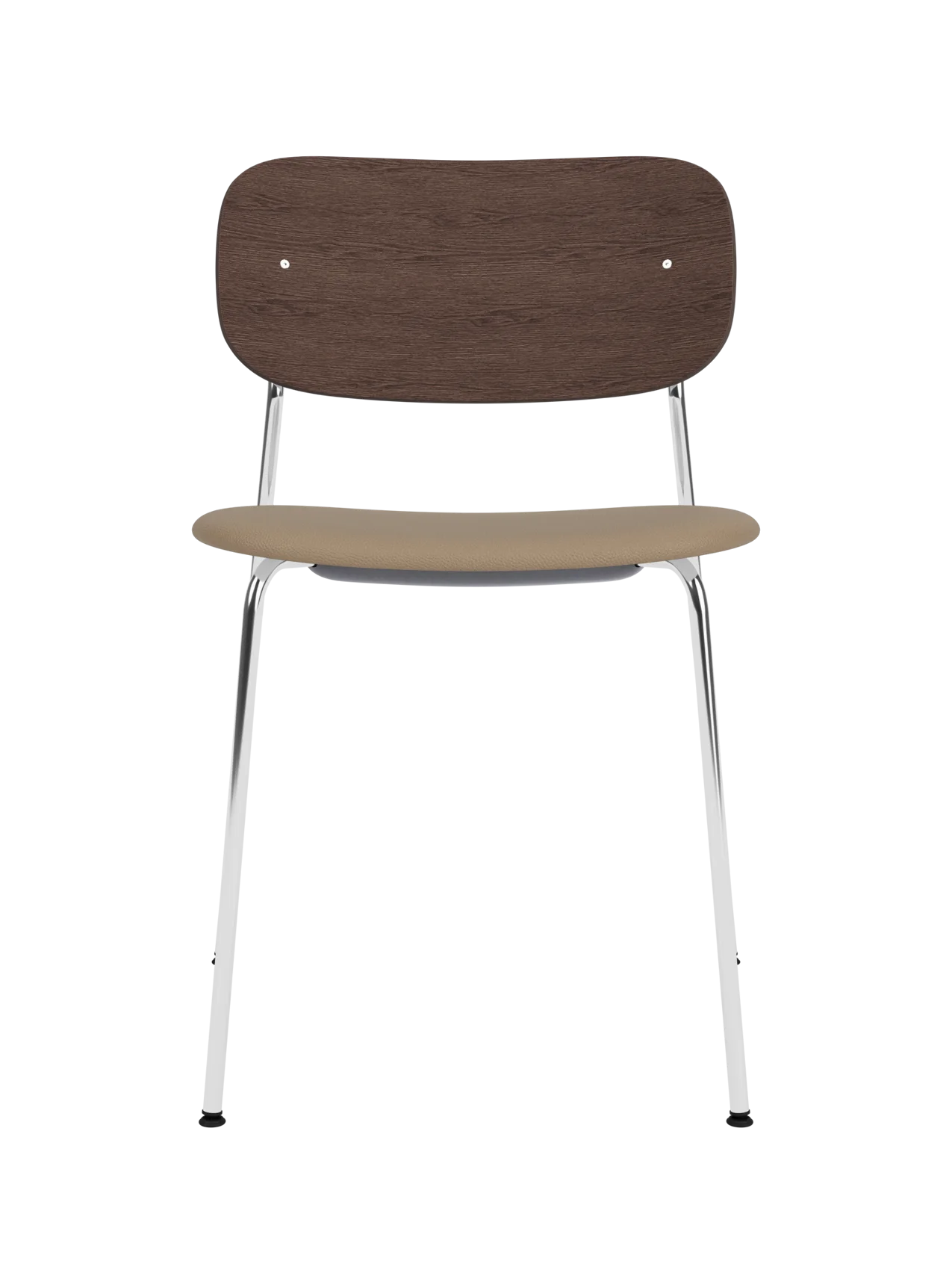 Co Dining Chair with a dark-stained oak backrest, tan Sierra leather upholstered seat and polished chrome frame.