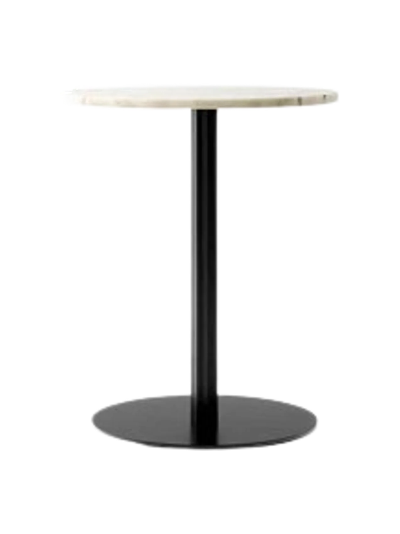 Harbour Column Dining Table with a round off-white marble top, a slender black column and a flat round black base.