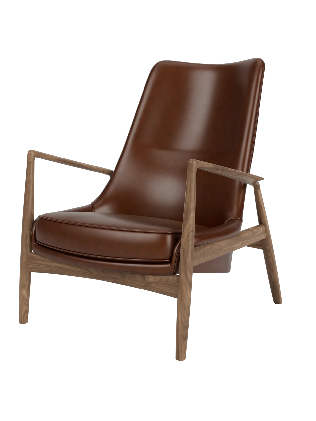The Seal Lounge Chair, High Back, featuring a sculptural walnut frame and a floating high-backed seat in rich brown leather.