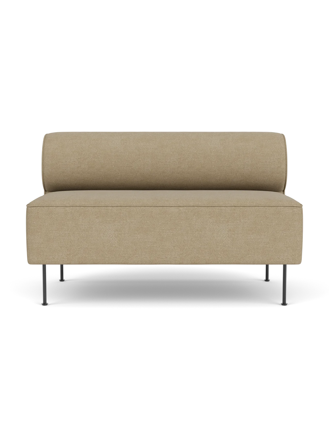 Front view of the Eave Dining Sofa, upholstered in beige Audo Bouclé 02, showing its slim metal legs and cylindrical back.