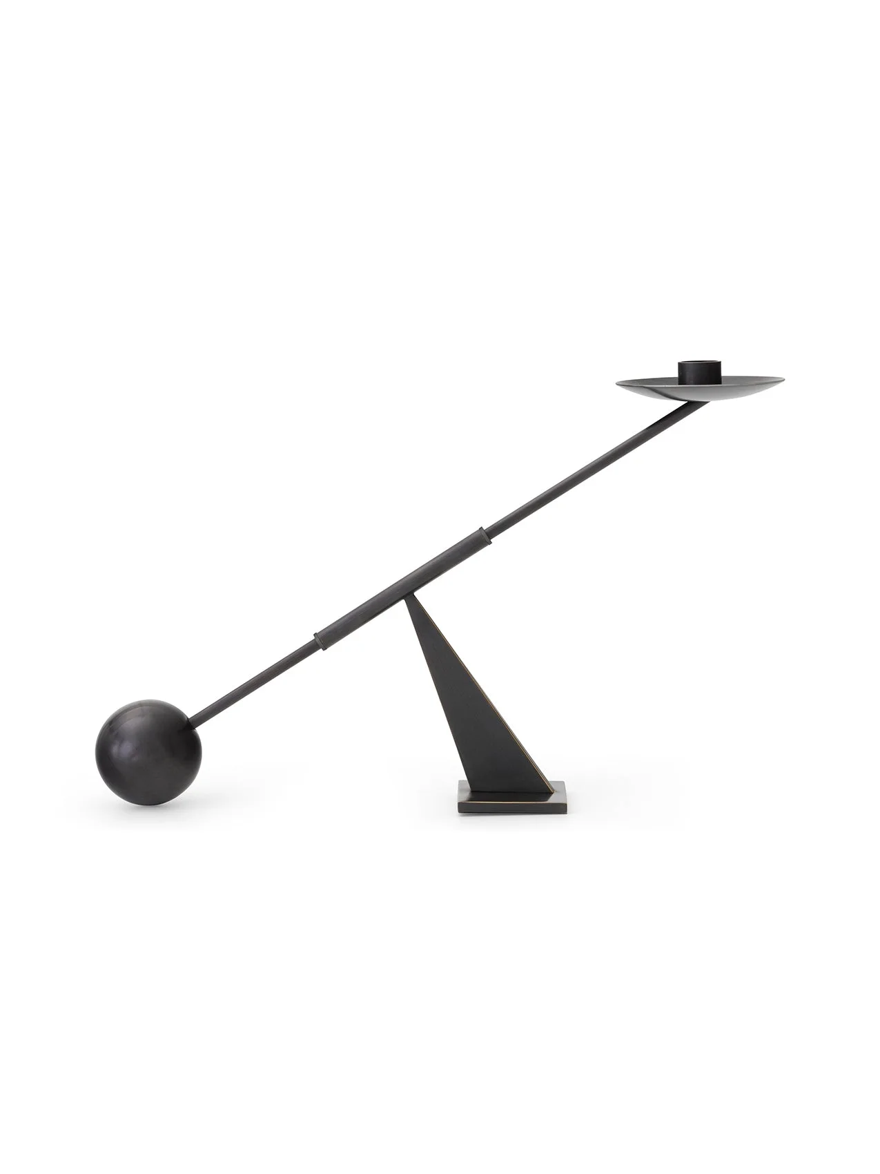 Audo Balance Candle Holder in bronzed brass, a sculptural piece with a pivoting arm balanced by a sphere and candle holder.