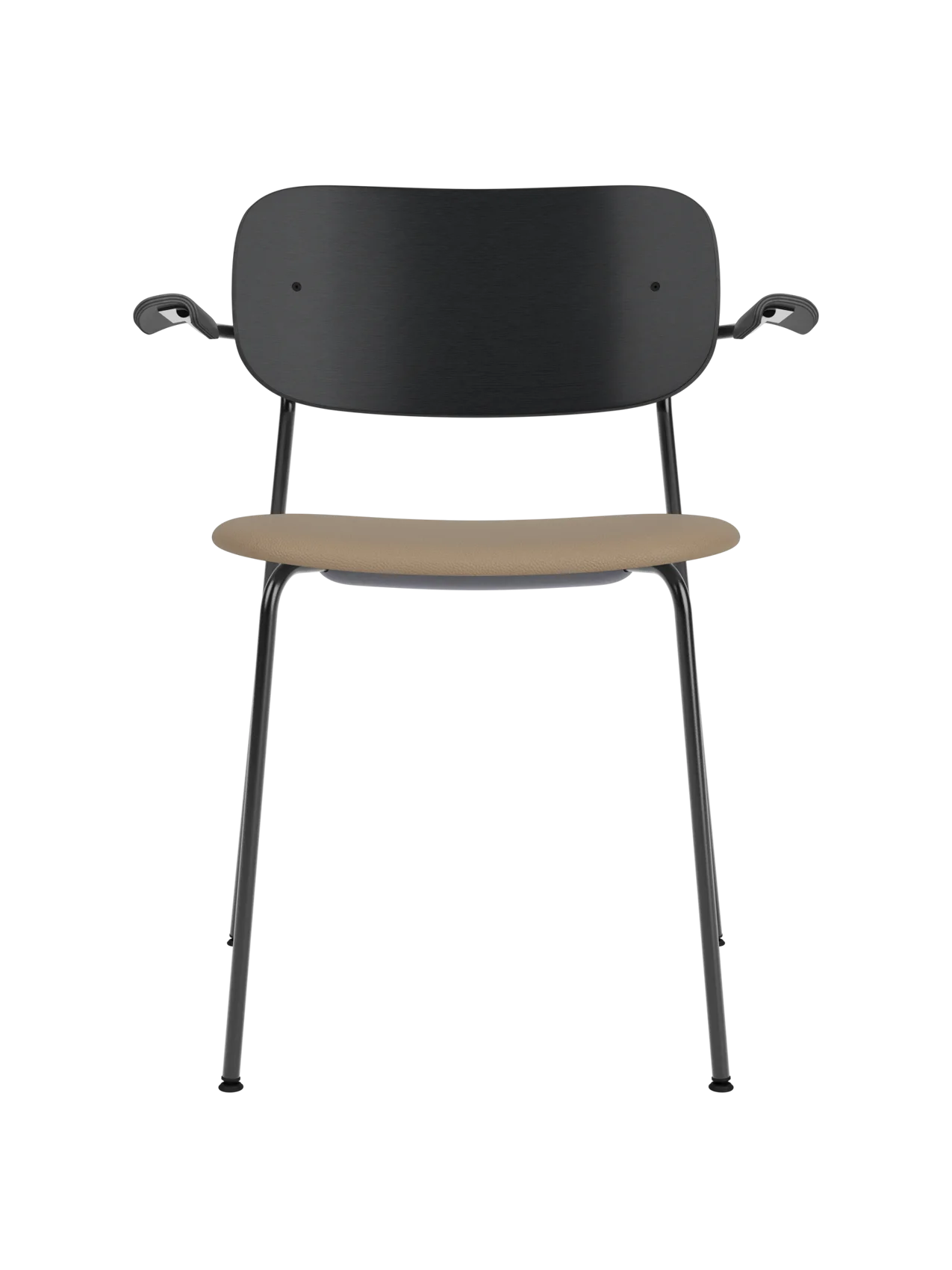 Co Dining Chair with armrests, featuring a black oak backrest and tan Sierra 1611 leather upholstered seat.