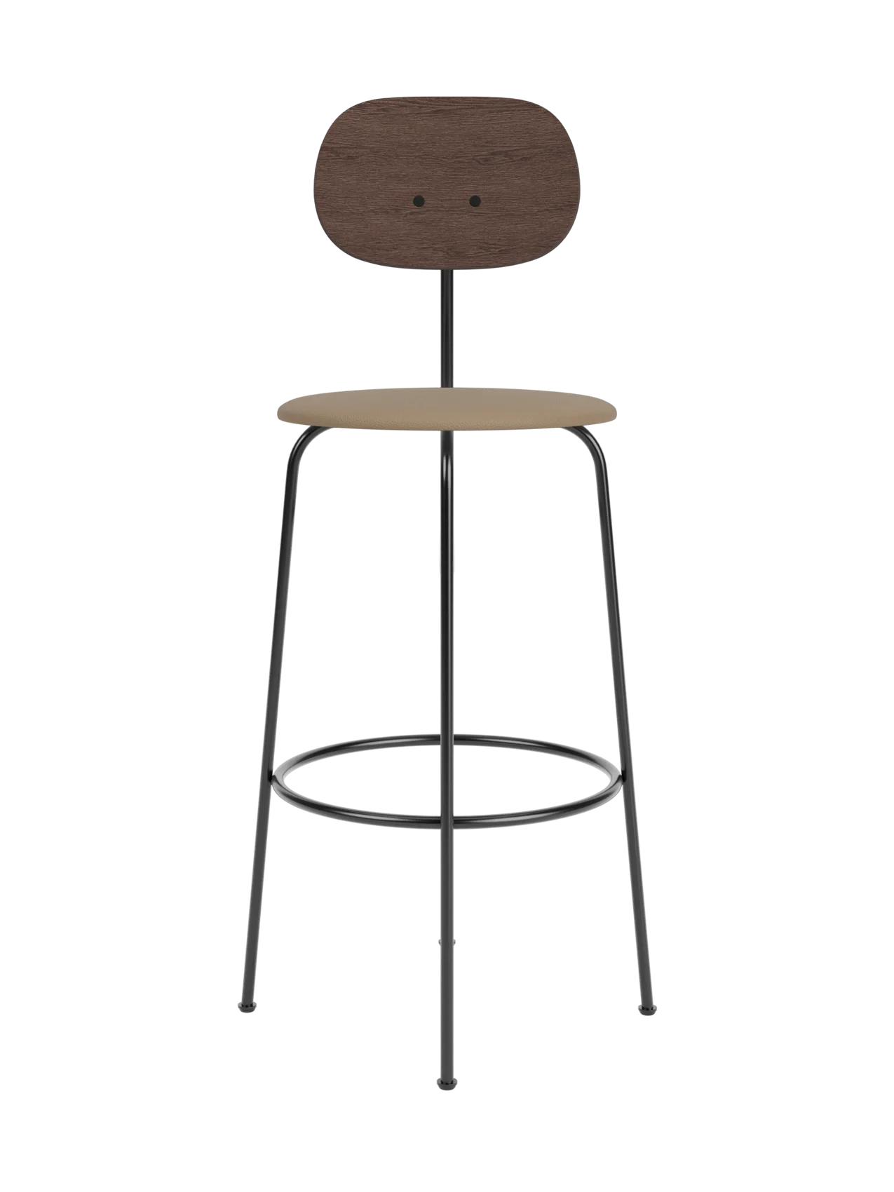 Afteroom Bar Chair Plus featuring a dark stained oak backrest and tan upholstered seat on a slender black metal frame.