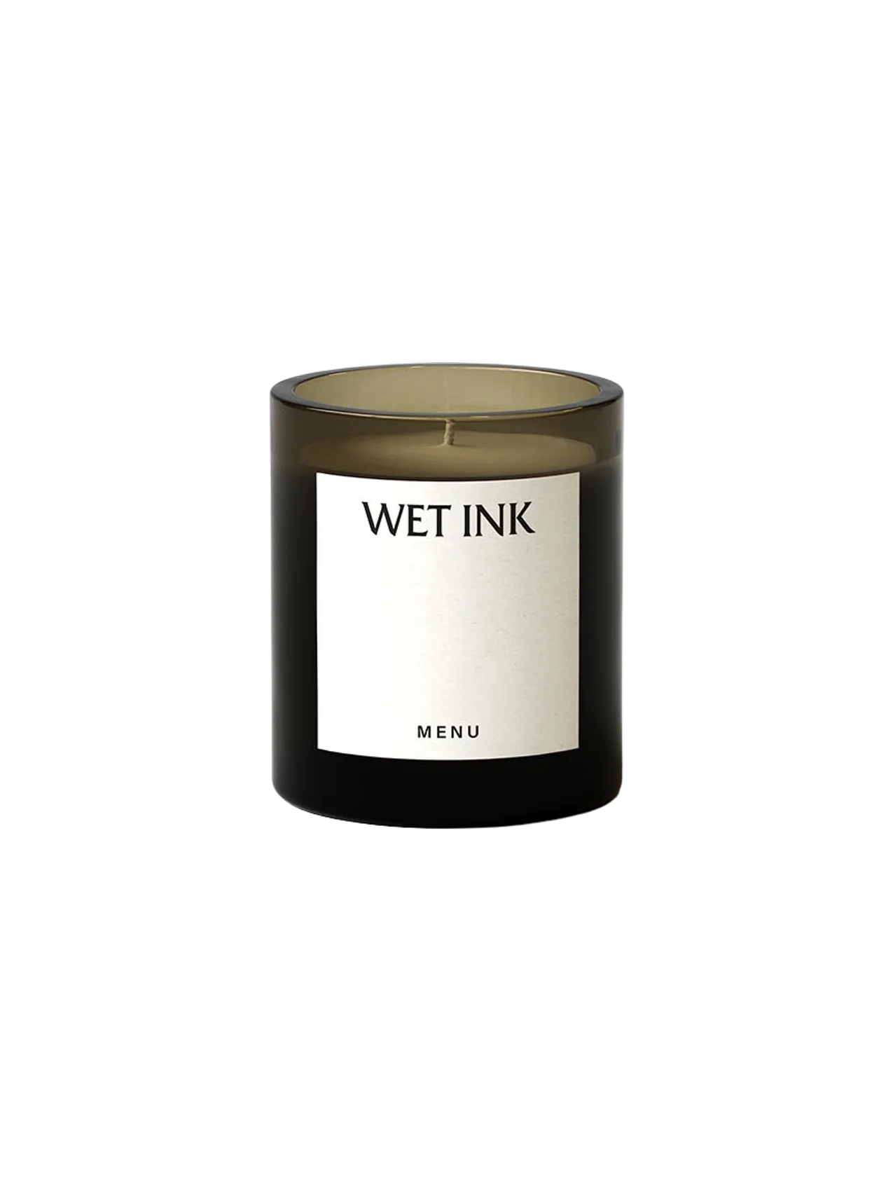 The Olfacte Scented Candle in Wet Ink, in a dark smoked glass jar with a minimalist white label on a black background.