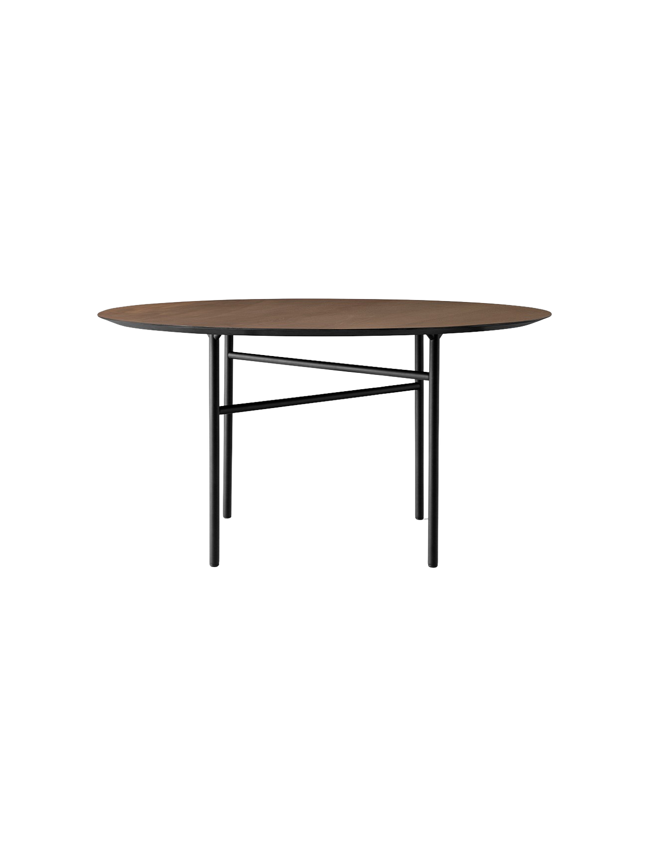 Front view of the Snaregade Dining Table, Round, with a dark stained oak top and a complex, geometric black steel base.