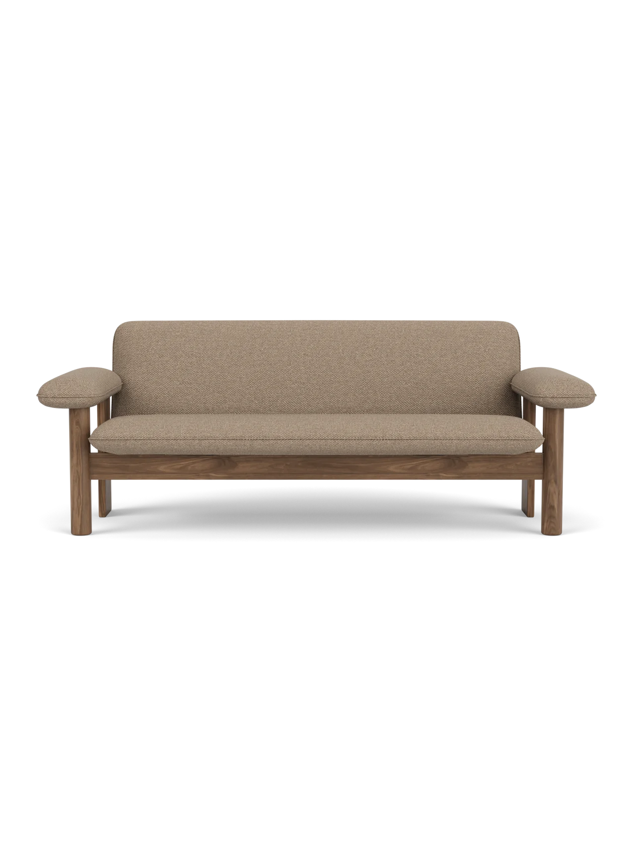 Front view of the Brasilia Sofa, featuring a solid walnut wood frame and light brown Logan Flint textile upholstery.