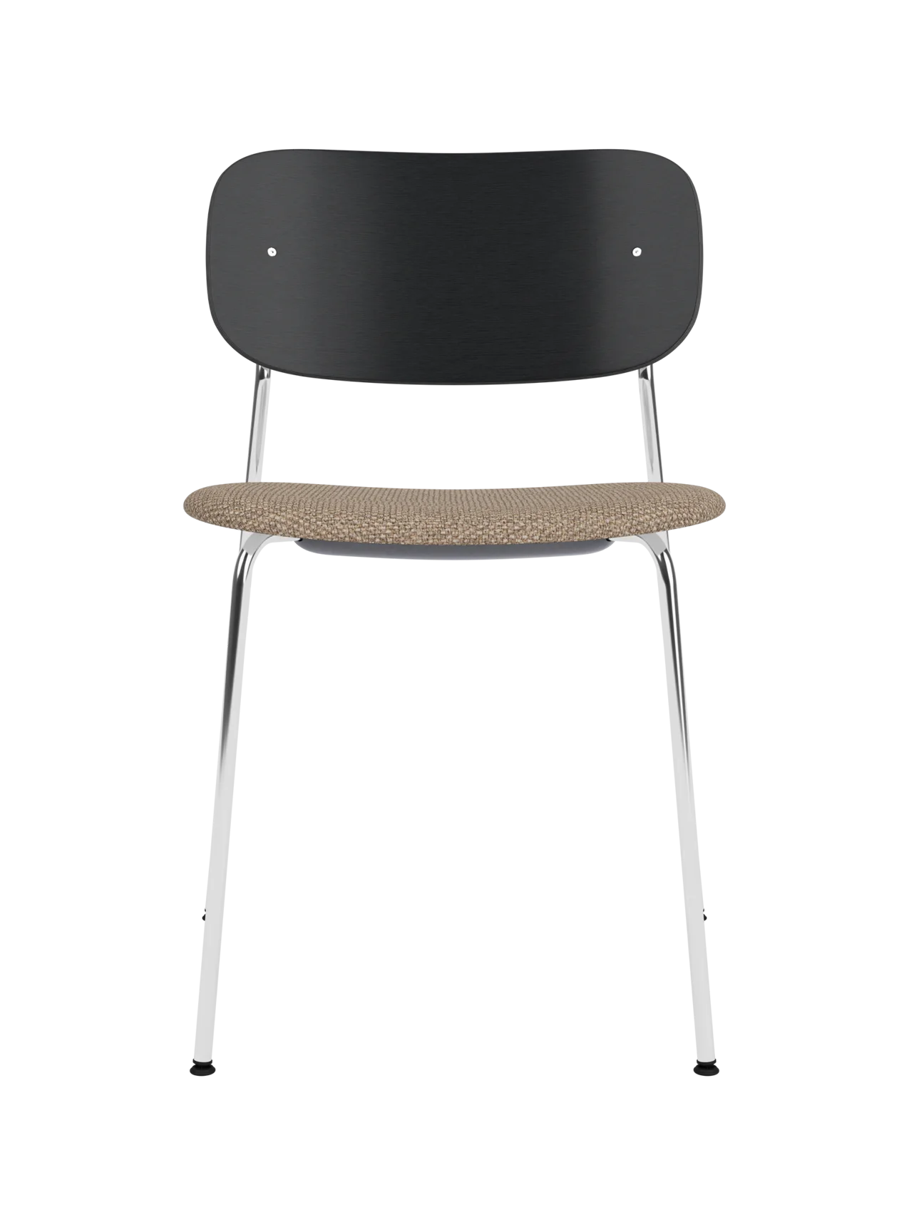 Co Dining Chair featuring a black painted oak backrest, Logan Flint upholstered seat and a chrome frame.