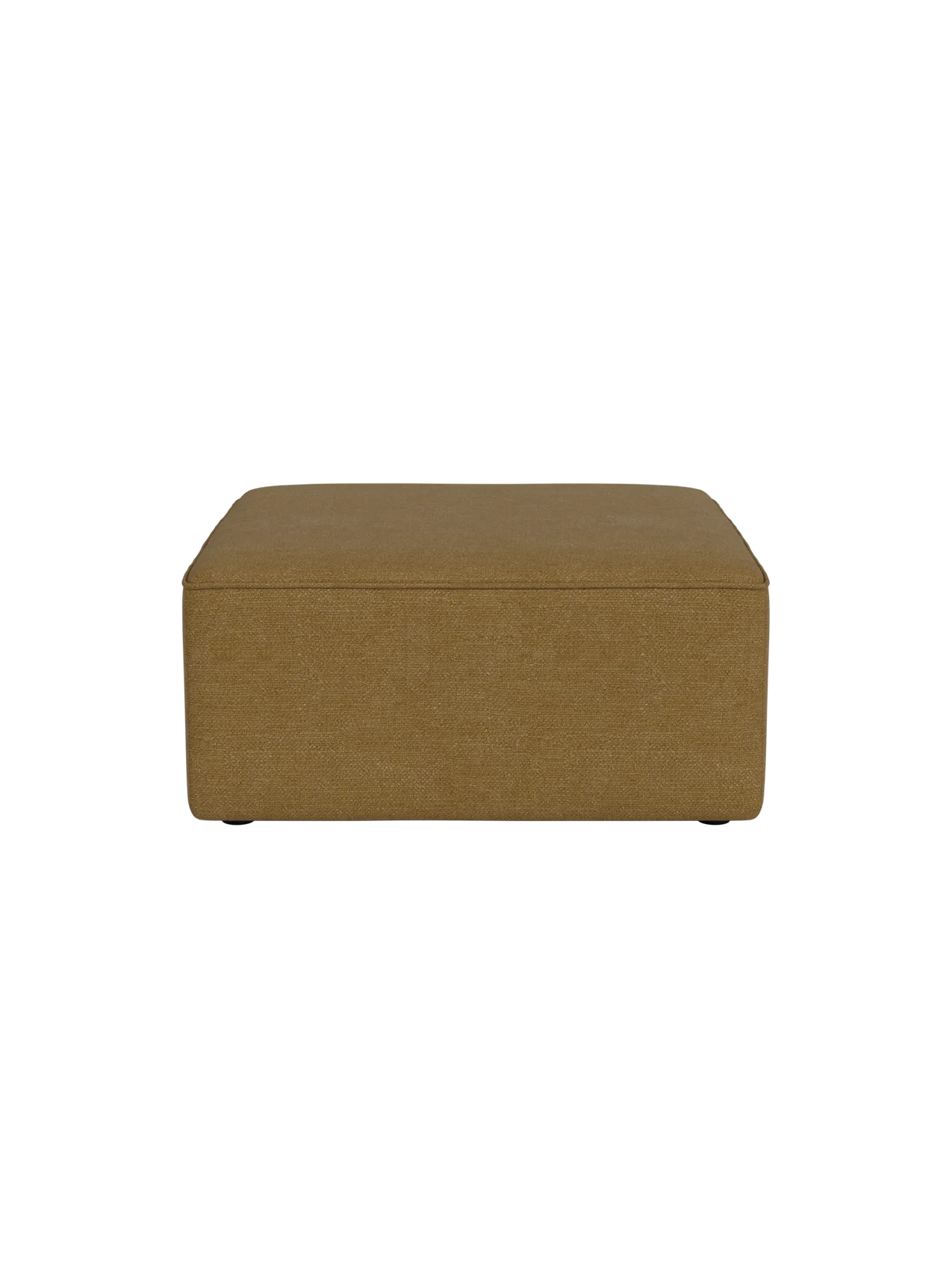 A square Eave Modular Sofa 86 Pouf in a textured, mustard yellow Audo Bouclé 06 fabric, seen front-on on a black background.