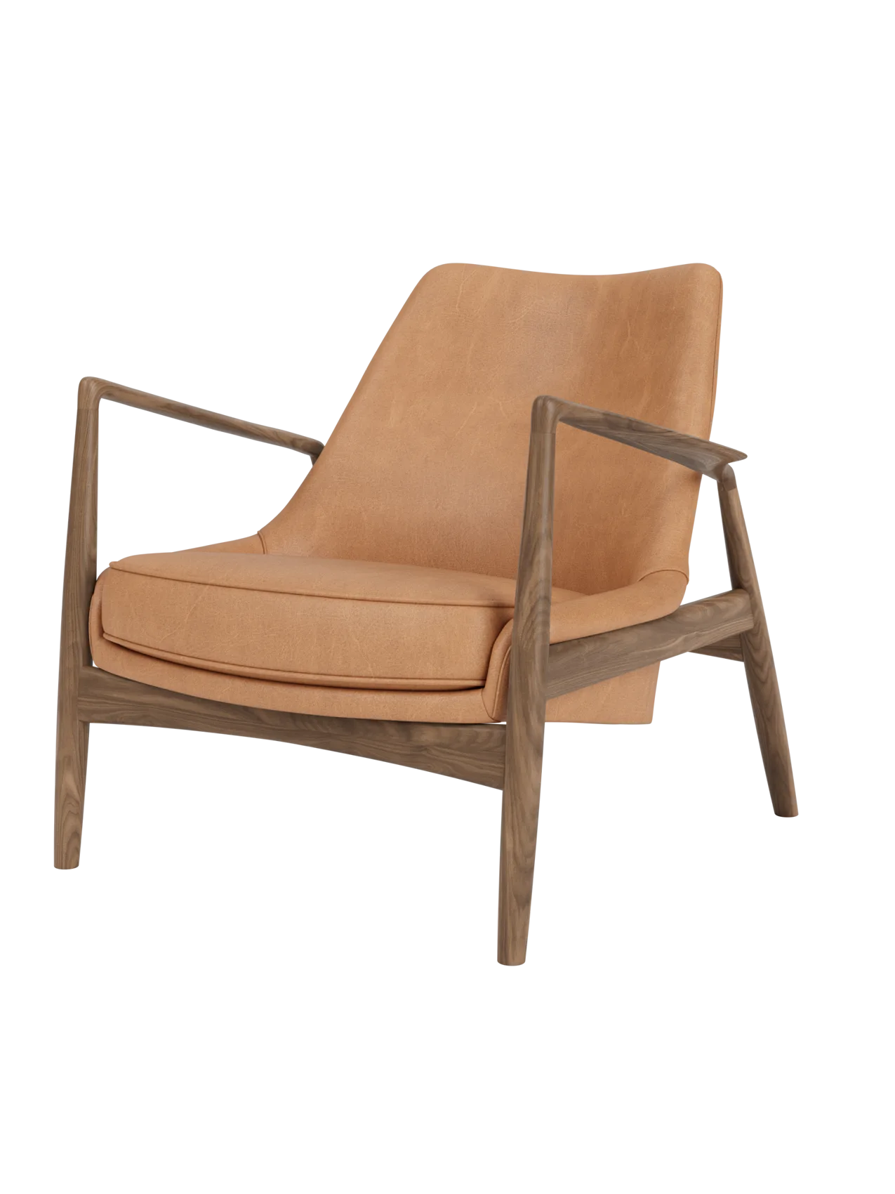 The Seal Lounge Chair, Low Back with an oiled walnut frame and Dunes Camel leather upholstery in an organic design.