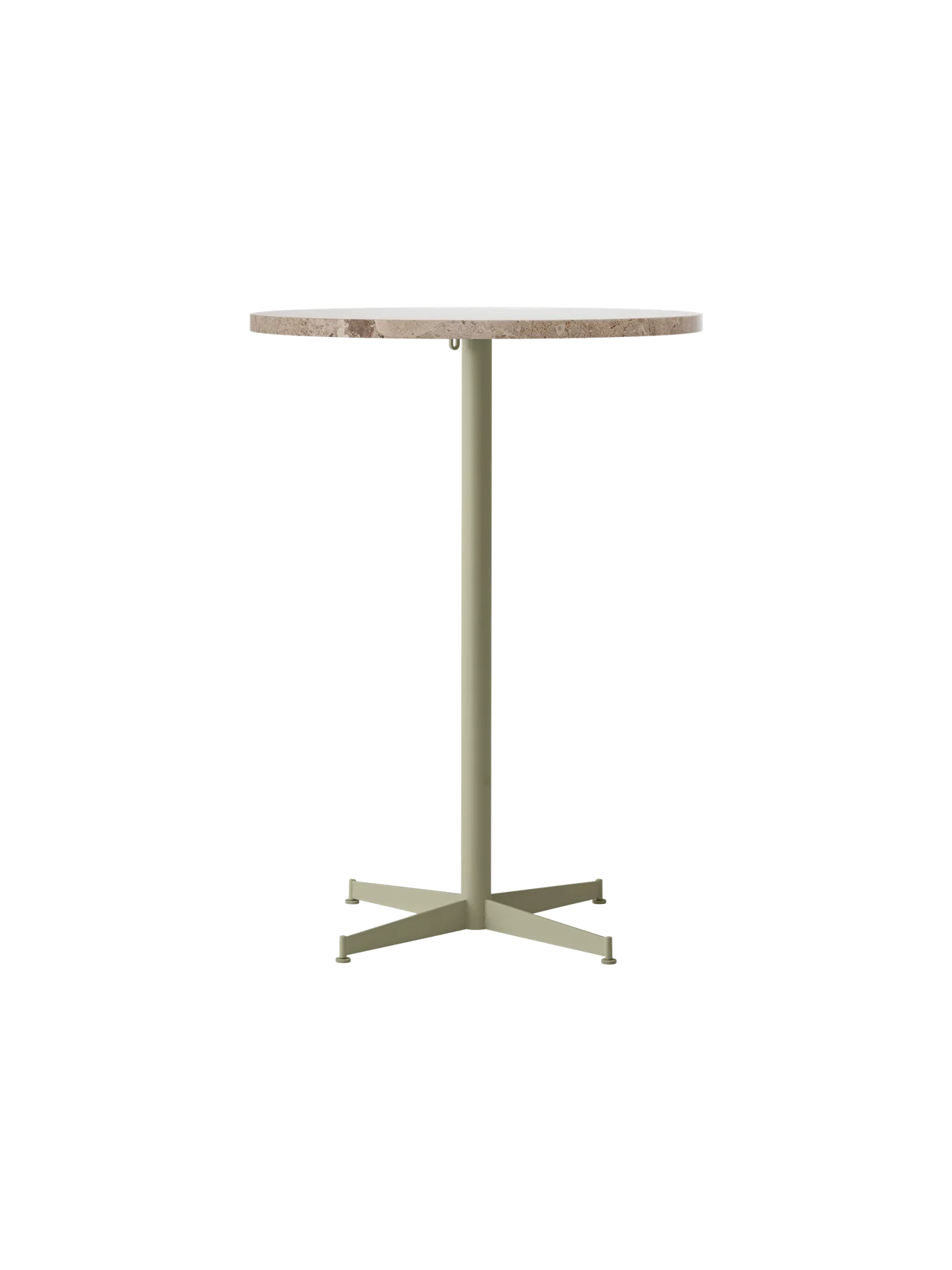 Front view of the Nook Bar Table with a round Kunis Breccia stone top and an olive powder-coated steel pedestal base.
