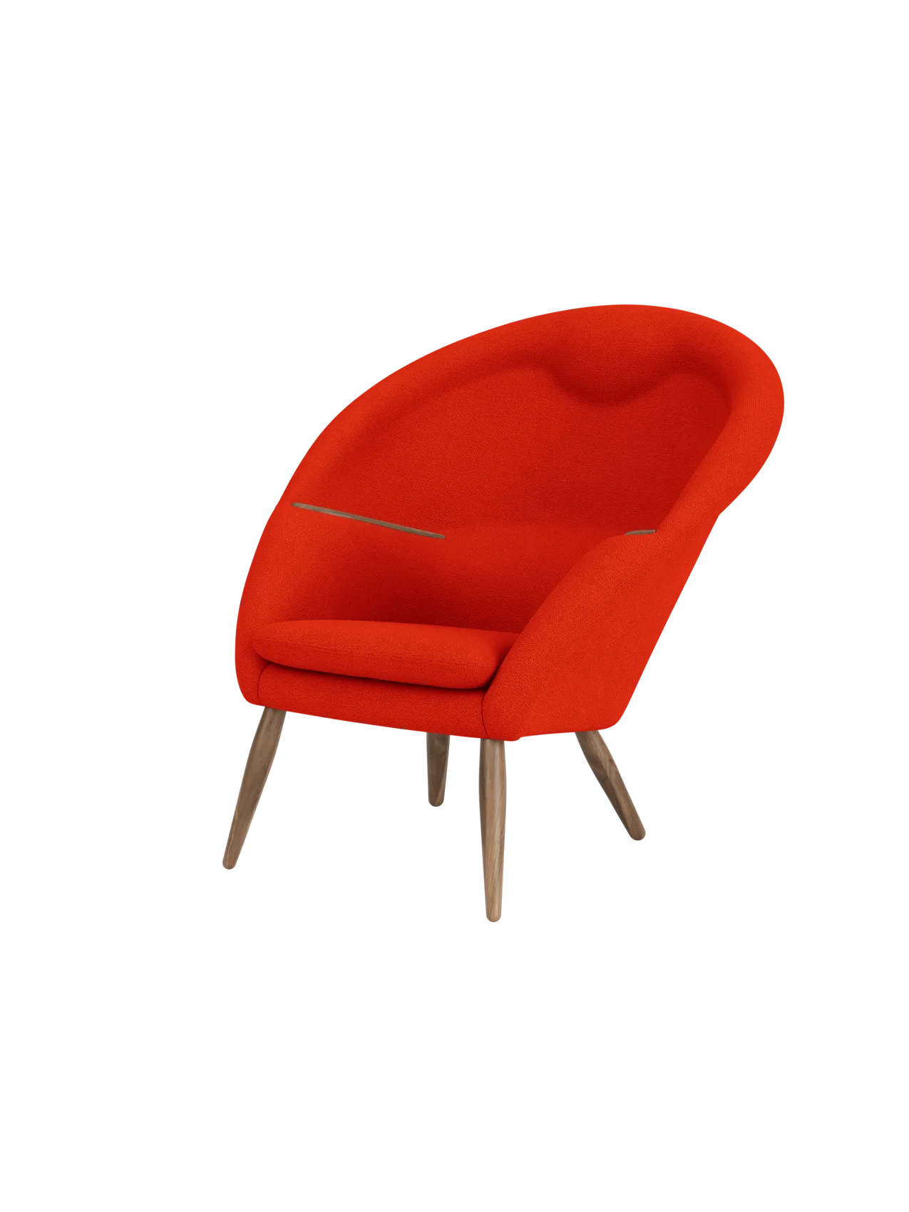 A three-quarter view of the Oda Lounge Chair, upholstered in a vibrant red Hallingdal 600 fabric with tapered walnut legs.