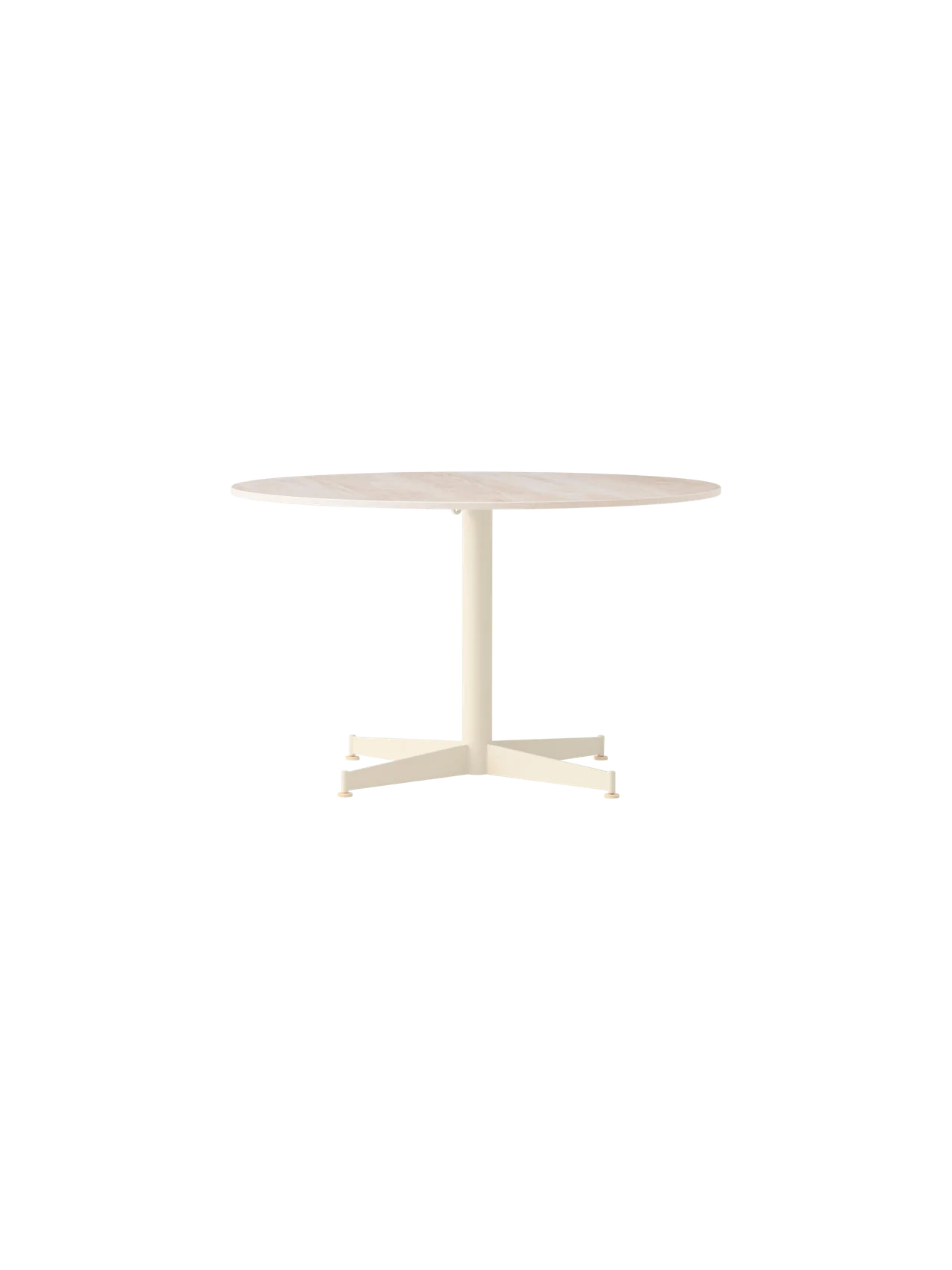 Front view of the Nook Lounge Table with a round Kunis Breccia stone top and a four-star ivory base.