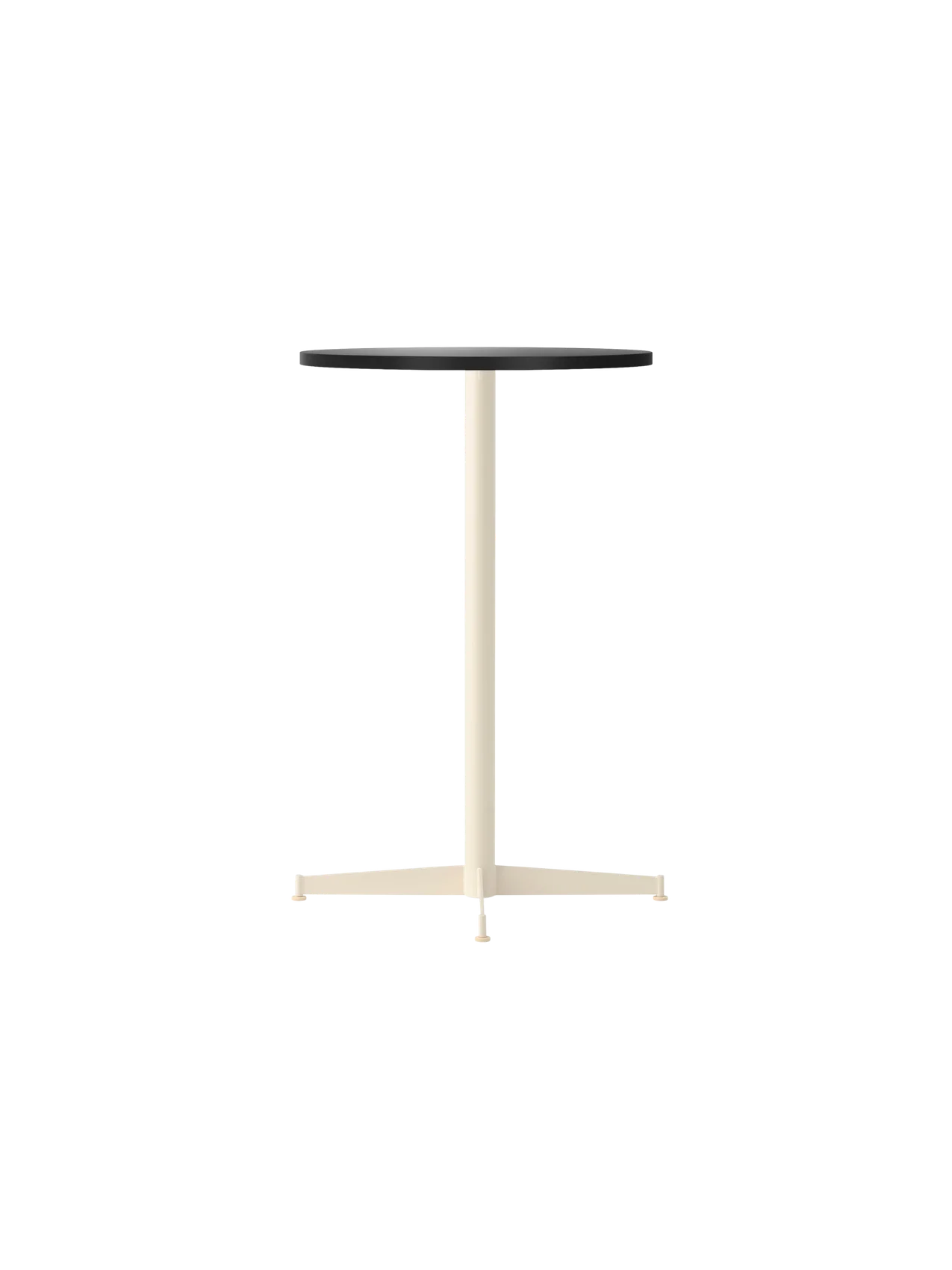 The Nook Counter Table with a round charcoal linoleum top and an ivory powder-coated steel base, shown from an angle.