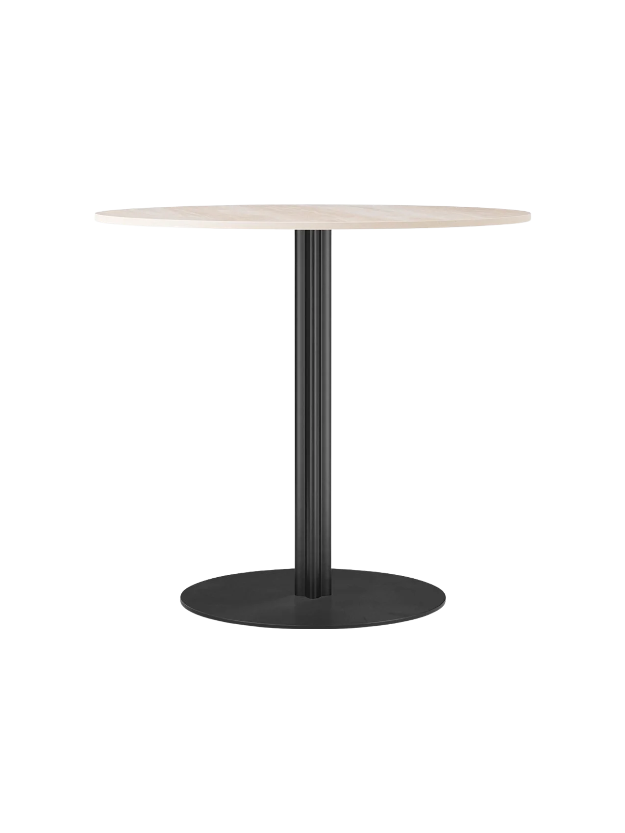 Front view of the Harbour Column Dining Table with a round, light-coloured top and a fluted black column on a round base.