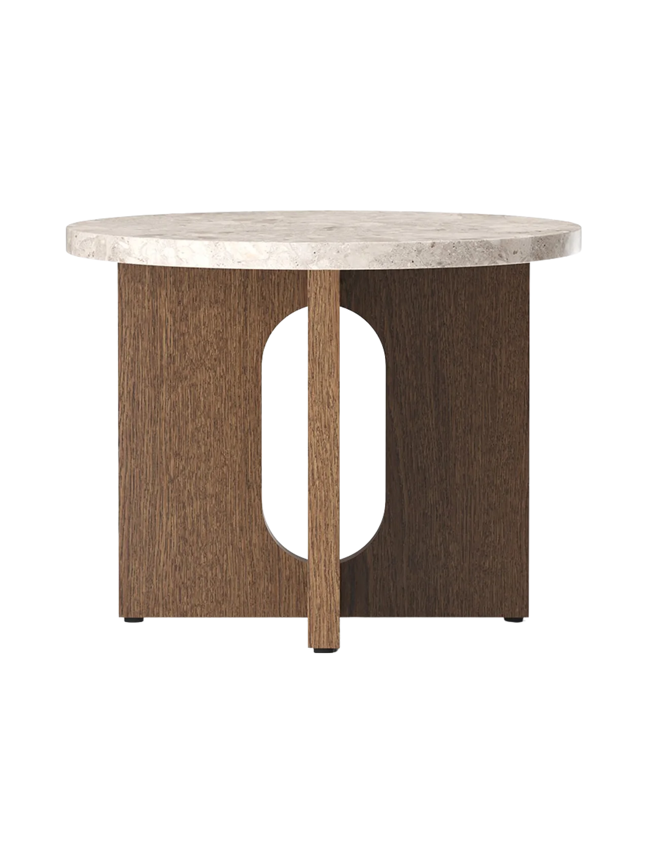 Front view of the Androgyne Side Table, Ø50, with a round Kunis Breccia stone top and a dark stained oak base with a cutout.