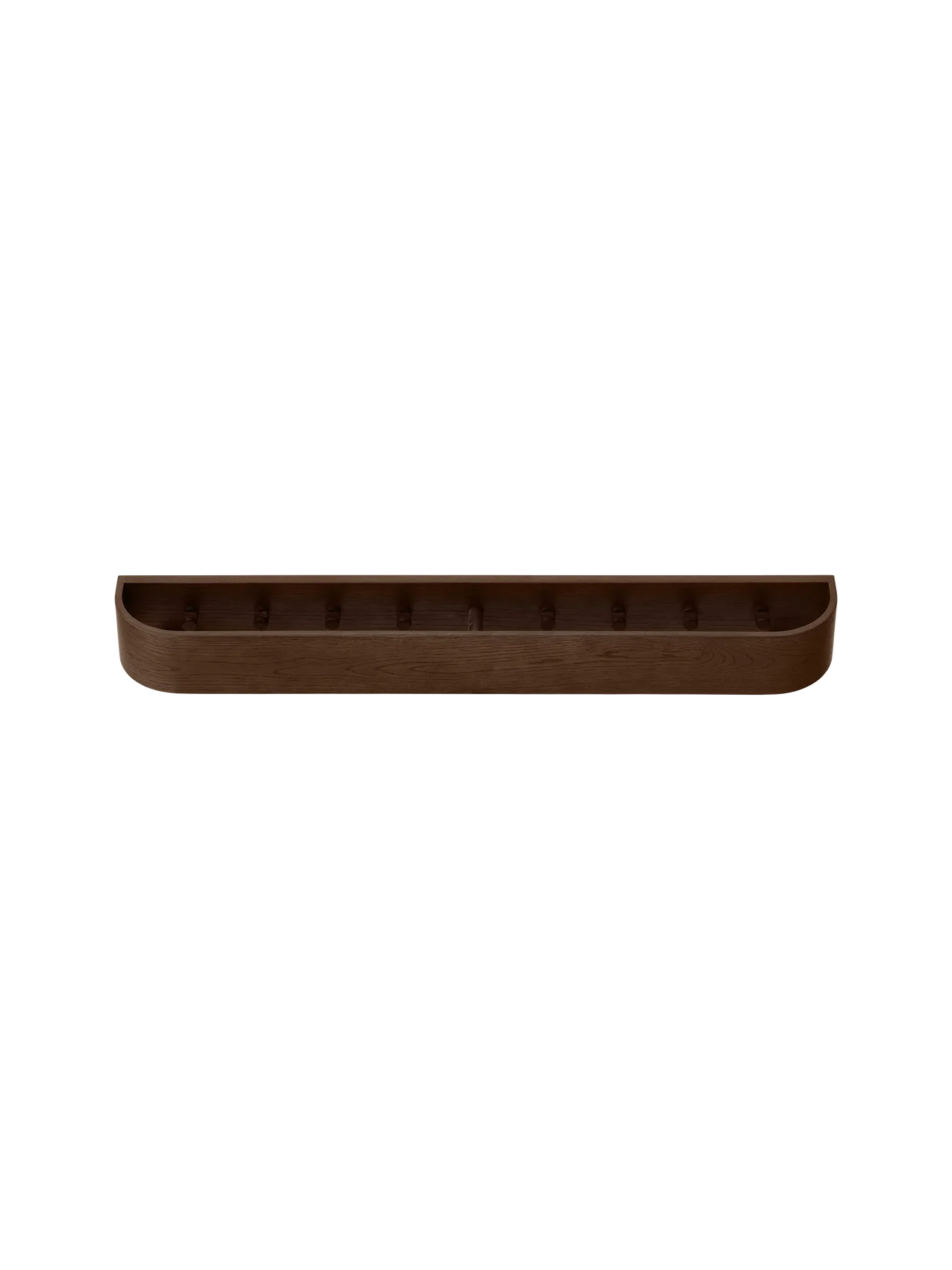 Dark stained oak Epoch Rack featuring a minimalist wall-mounted design with rounded edges and hidden clothes hooks.