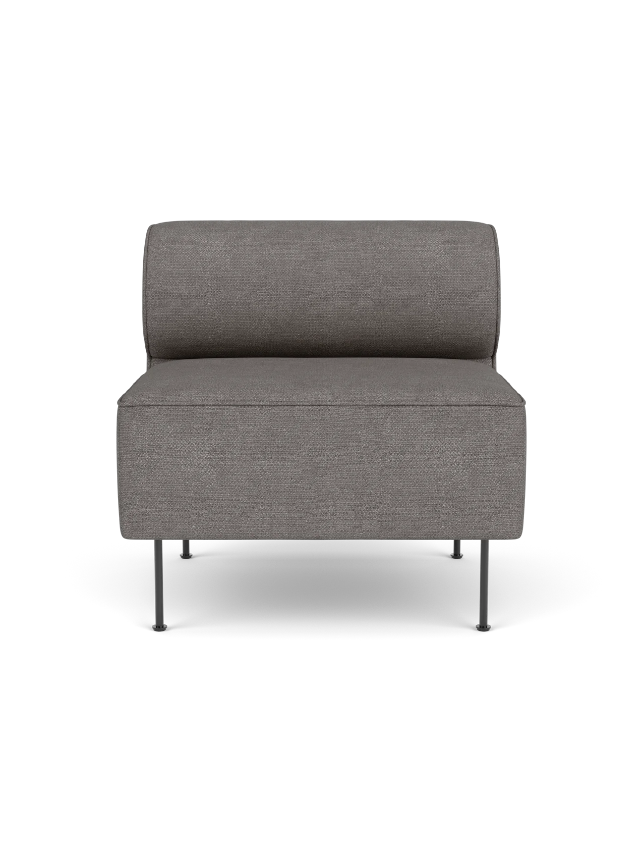 Front view of the Eave Dining Sofa open section module, upholstered in a grey Audo Bouclé 16 fabric, on slender metal legs.