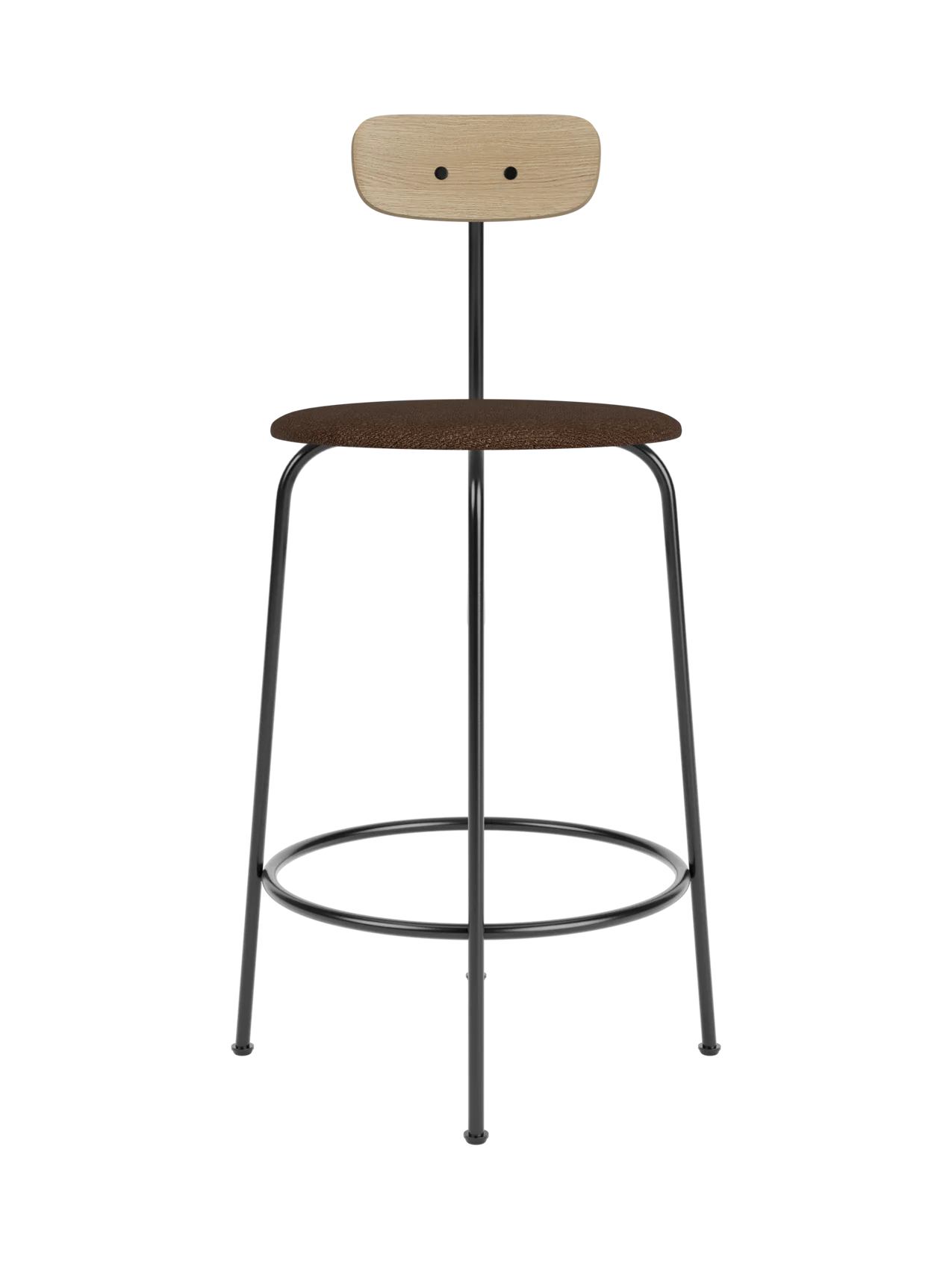 Afteroom Counter Chair featuring a black metal frame, brown bouclé upholstered seat and a light natural oak backrest.