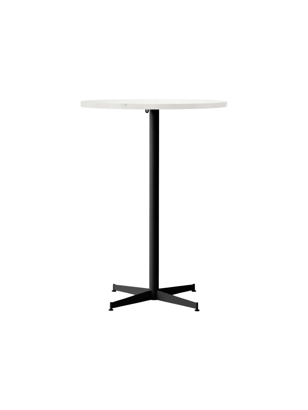 A front-facing studio shot of the Nook Bar Table, featuring a round white top and a slim black base with a four-pronged foot.