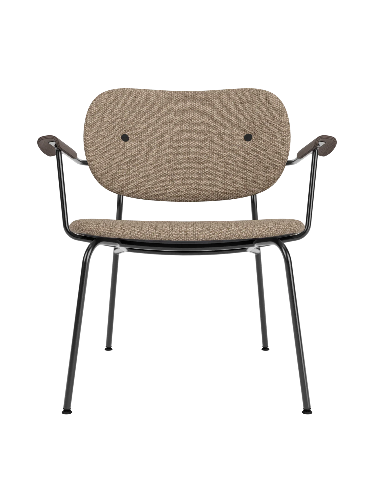 Fully upholstered Co Lounge Chair in Logan Flint fabric with dark stained oak armrests and a black steel frame.