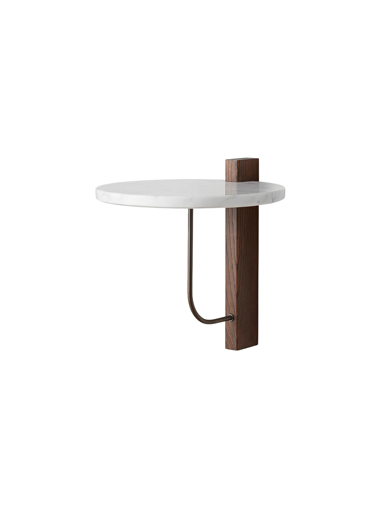 Corbel Shelf with a white Carrara marble top, dark wood wall mount, and bronzed brass bracket, viewed at an angle.