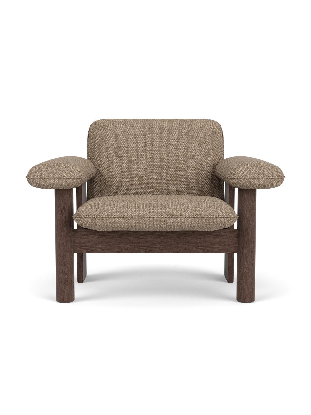 Front view of the Brasilia Lounge Chair, Low Back. Features dark stained oak frame and plush Logan Flint textile upholstery.