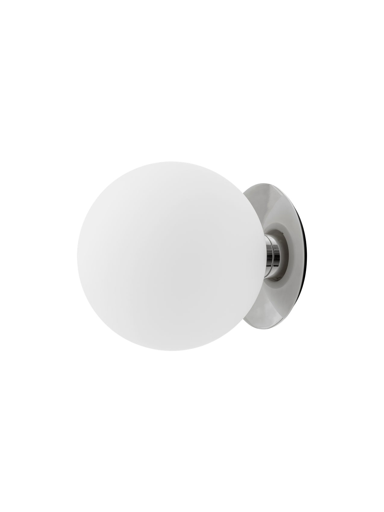 TR Bulb Ceiling/Wall Lamp with a polished steel fixture and a spherical white opal glass shade against a black background.